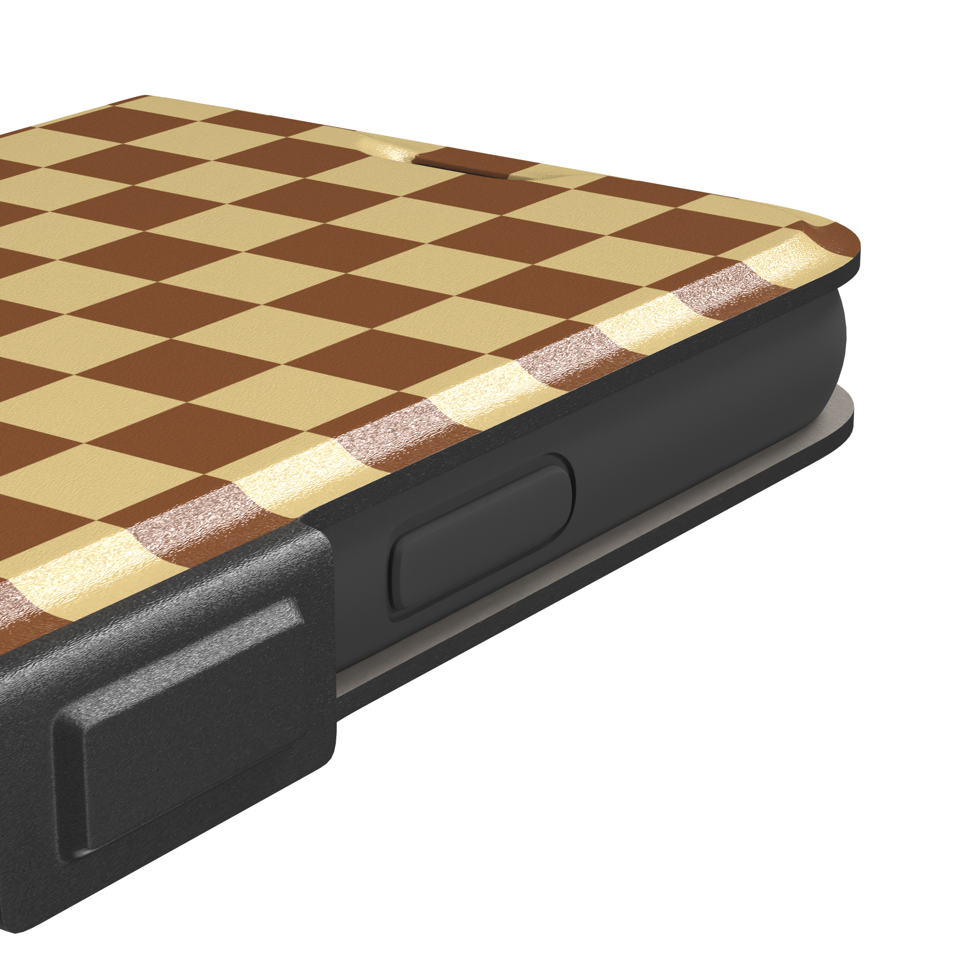 Checkered phone case in warm brown and pale yellow checkerboard pattern, phone case by Caselier — wallet case, volume buttons detail