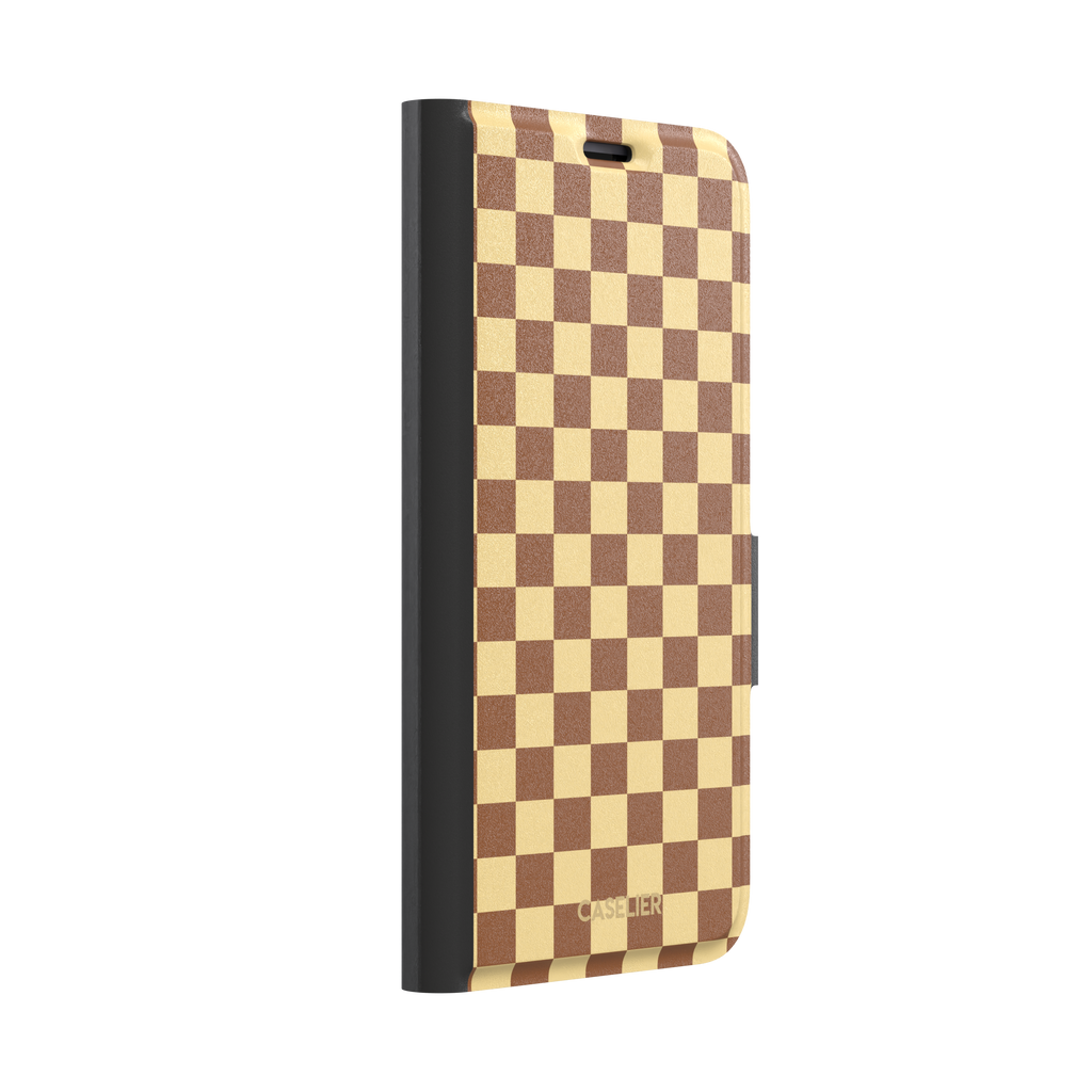 Checkered phone case in warm brown and pale yellow checkerboard pattern, phone case by Caselier — wallet case, left view