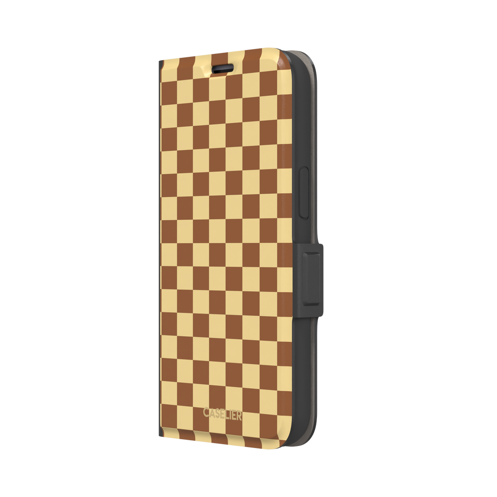 Checkered phone case in warm brown and pale yellow checkerboard pattern, phone case by Caselier — wallet case, right view