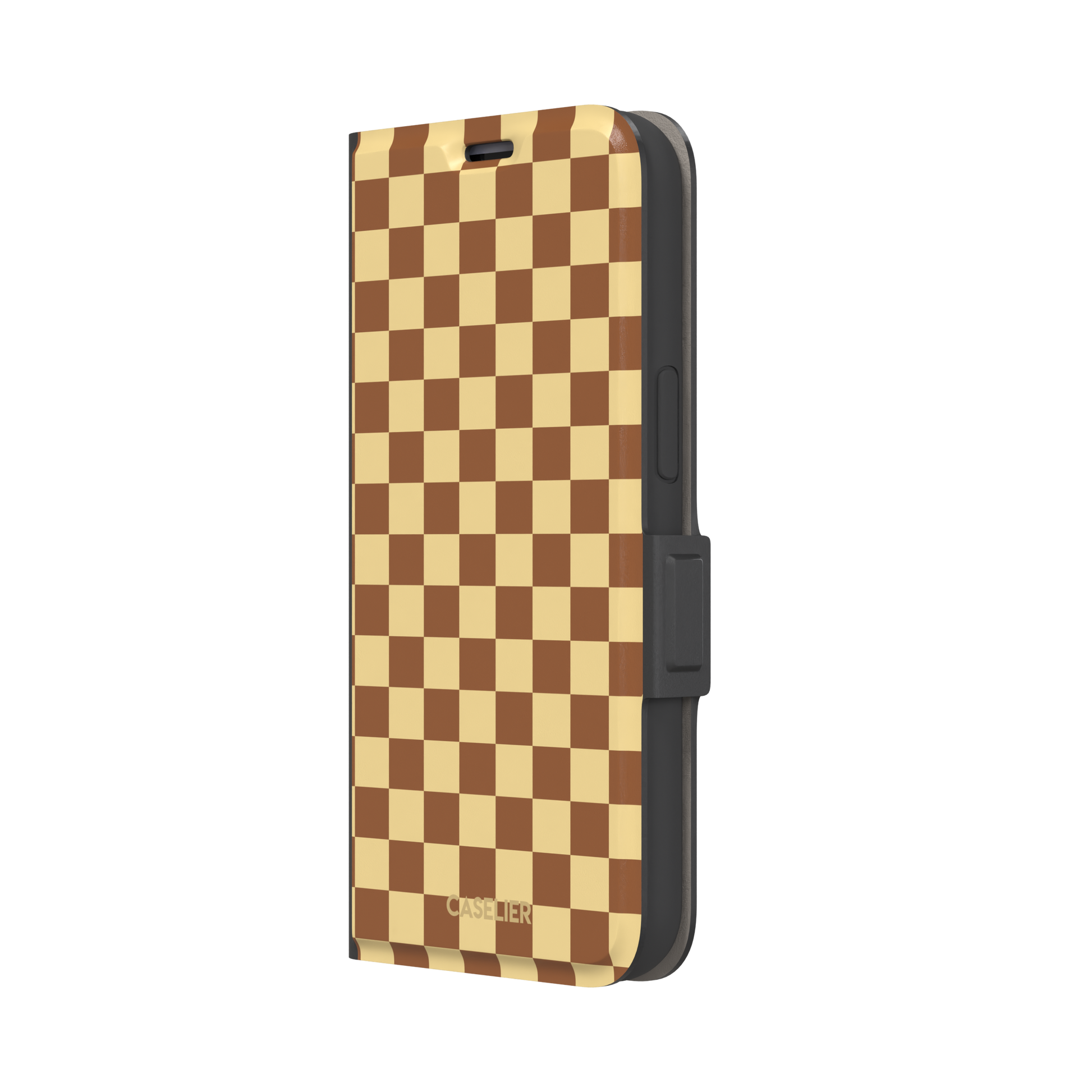Checkered phone case in warm brown and pale yellow checkerboard pattern, phone case by Caselier — wallet case, right view