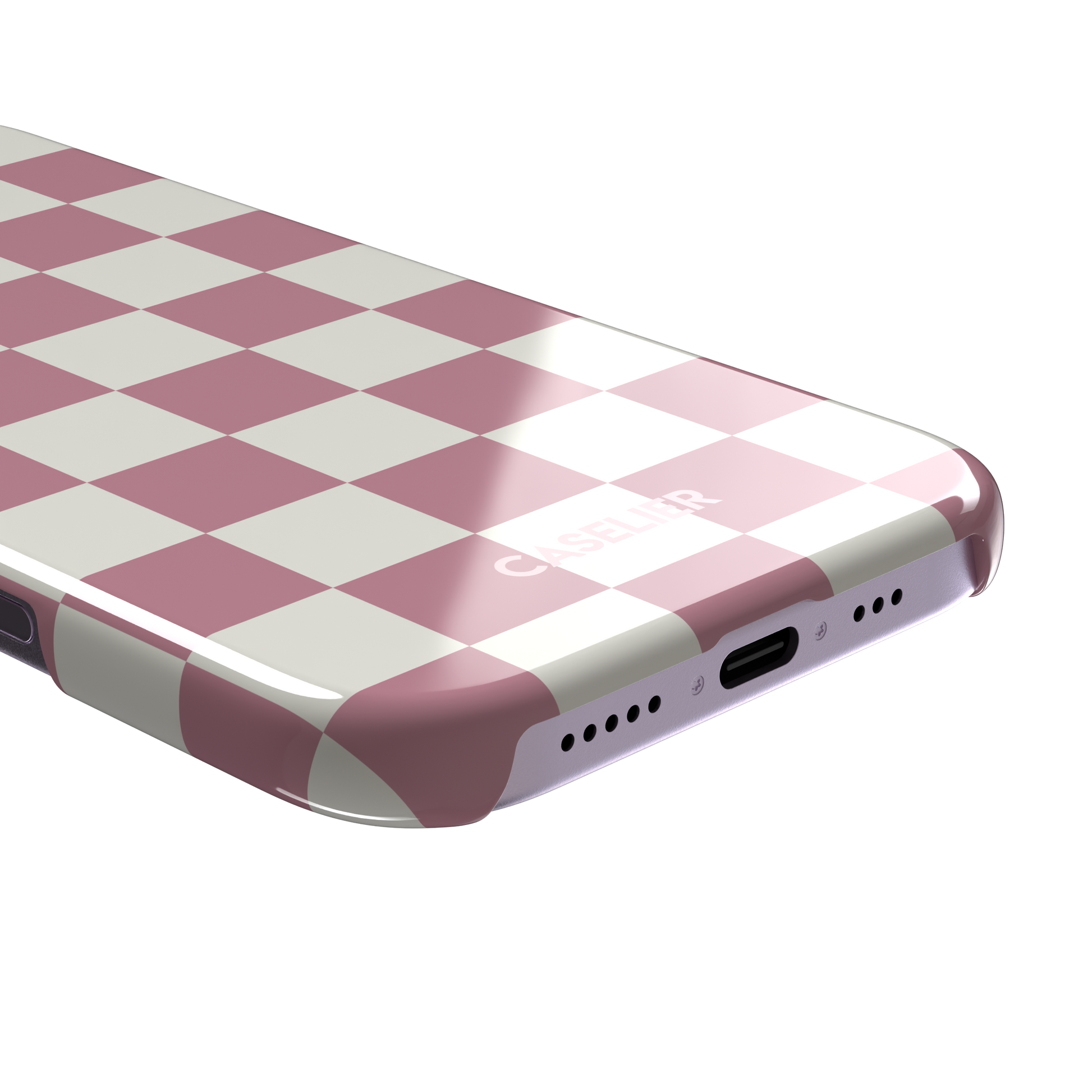 Checkered, dusty pink and cream checkerboard grid pattern, snap case, charging port detail, phone case by Caselier