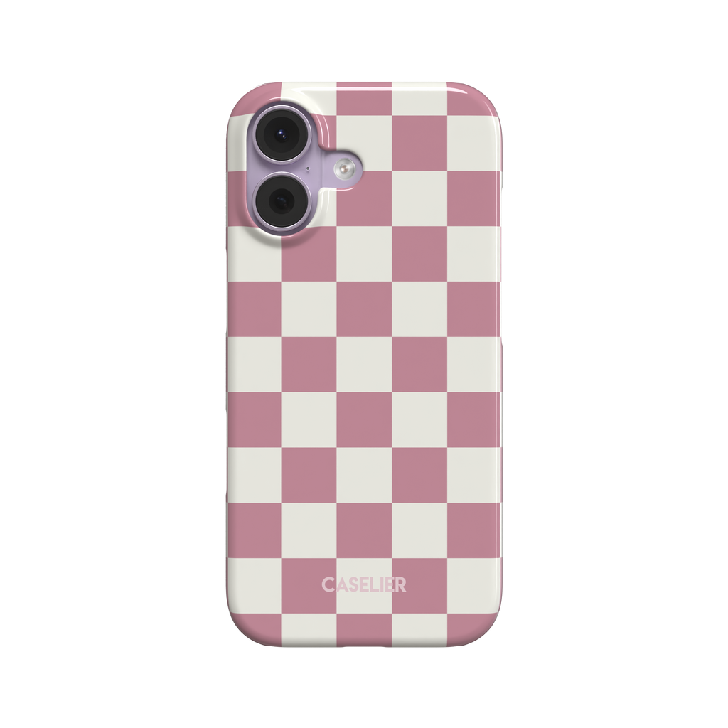 Soft pink and white checkerboard pattern phone case with pastel two-tone square grid, glossy finish, phone case by Caselier - snap case, front view | Caselier