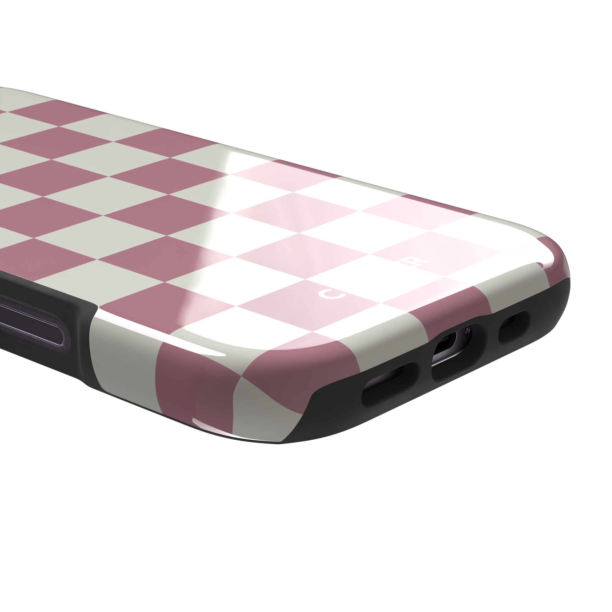 Checkered, dusty pink and cream checkerboard grid pattern, tough case, charging port detail, phone case by Caselier