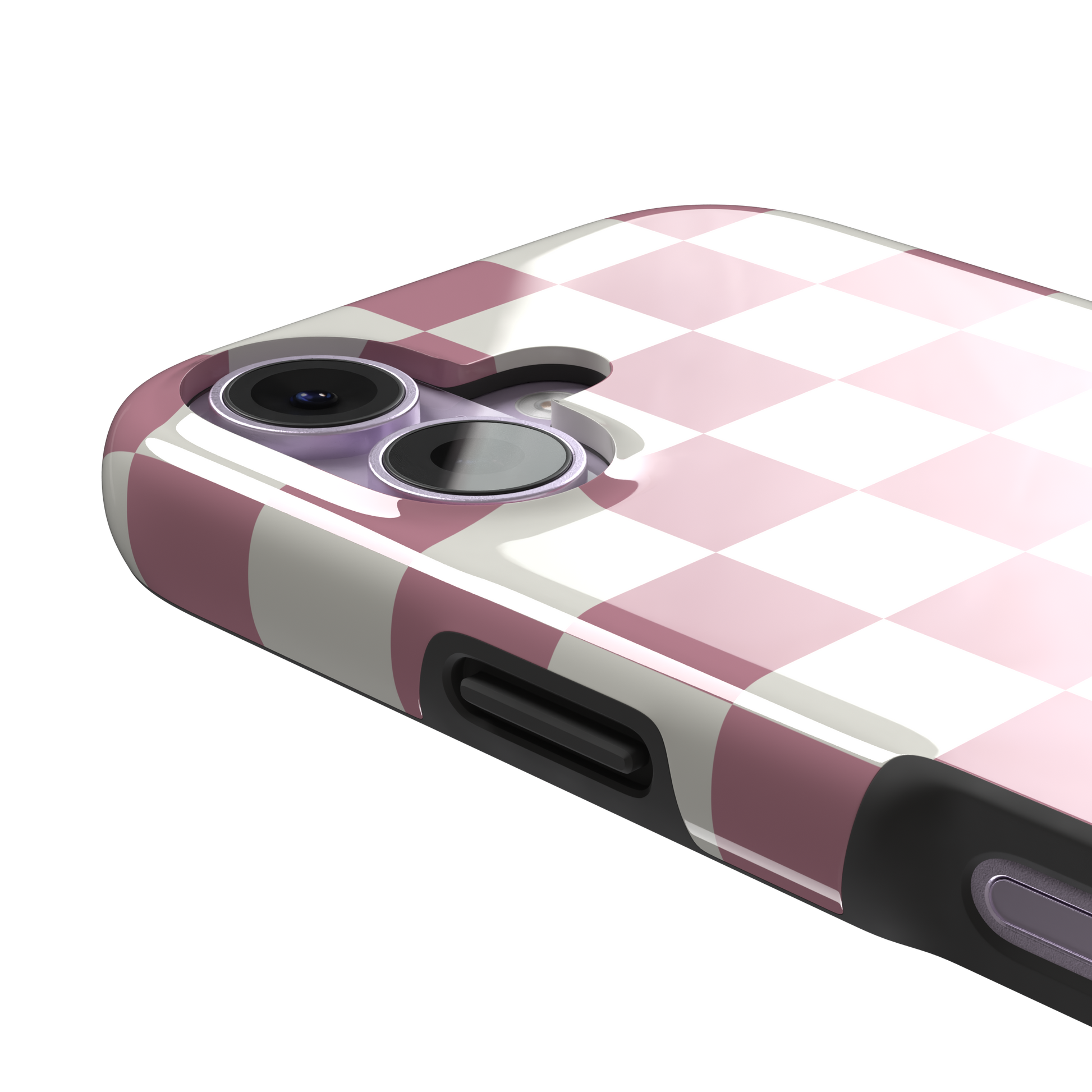 Checkered, dusty pink and cream checkerboard grid pattern, tough case, volume buttons detail, phone case by Caselier