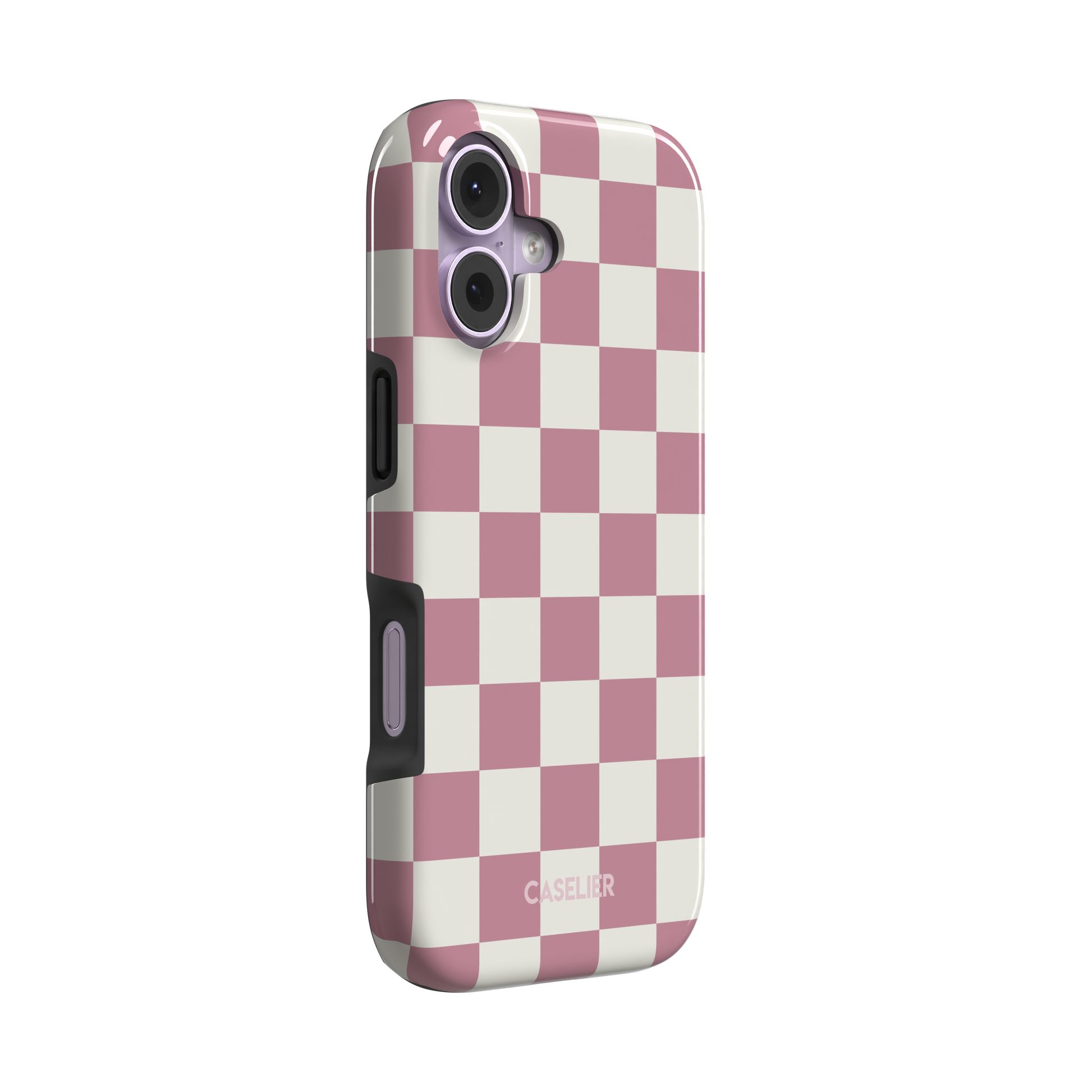 Checkered, dusty pink and cream checkerboard grid pattern, tough case, left view, phone case by Caselier