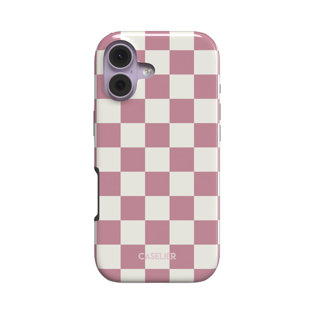 Soft pink and white checkerboard pattern phone case with pastel two-tone square grid, glossy finish, phone case by Caselier - tough case, front view | Caselier