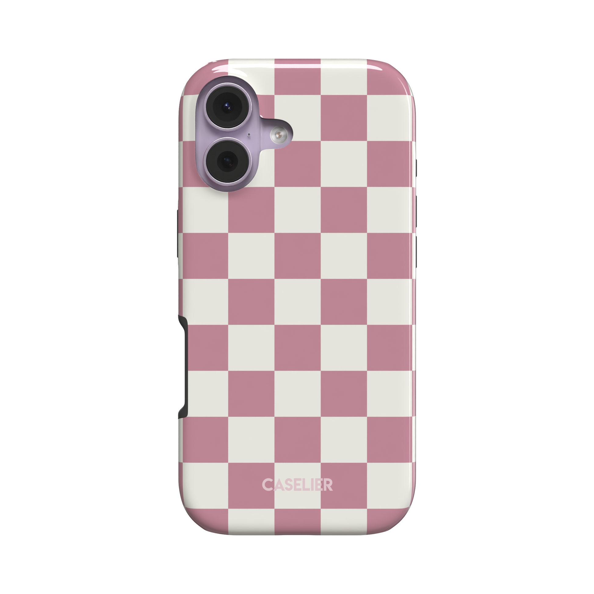 Soft pink and white checkerboard pattern phone case with pastel two-tone square grid, glossy finish, phone case by Caselier - tough case, front view | Caselier