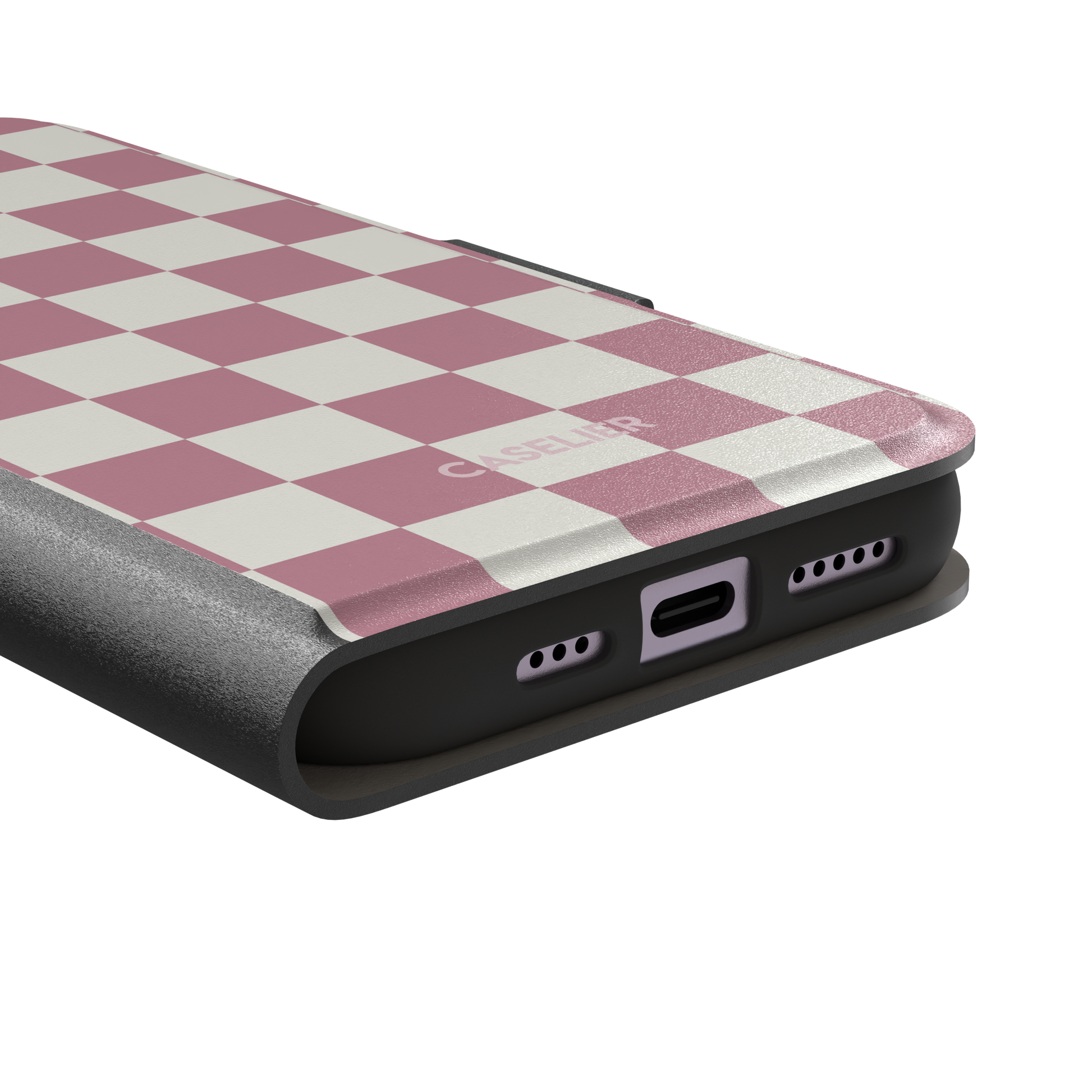 Checkered, dusty pink and cream checkerboard grid pattern, wallet case, charging port detail, phone case by Caselier