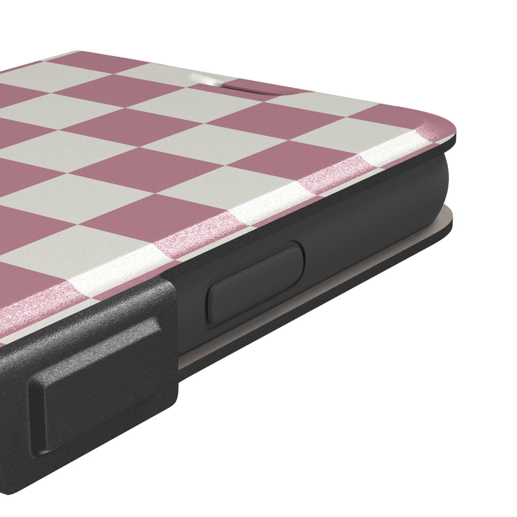 Checkered, dusty pink and cream checkerboard grid pattern, wallet case, volume buttons detail, phone case by Caselier