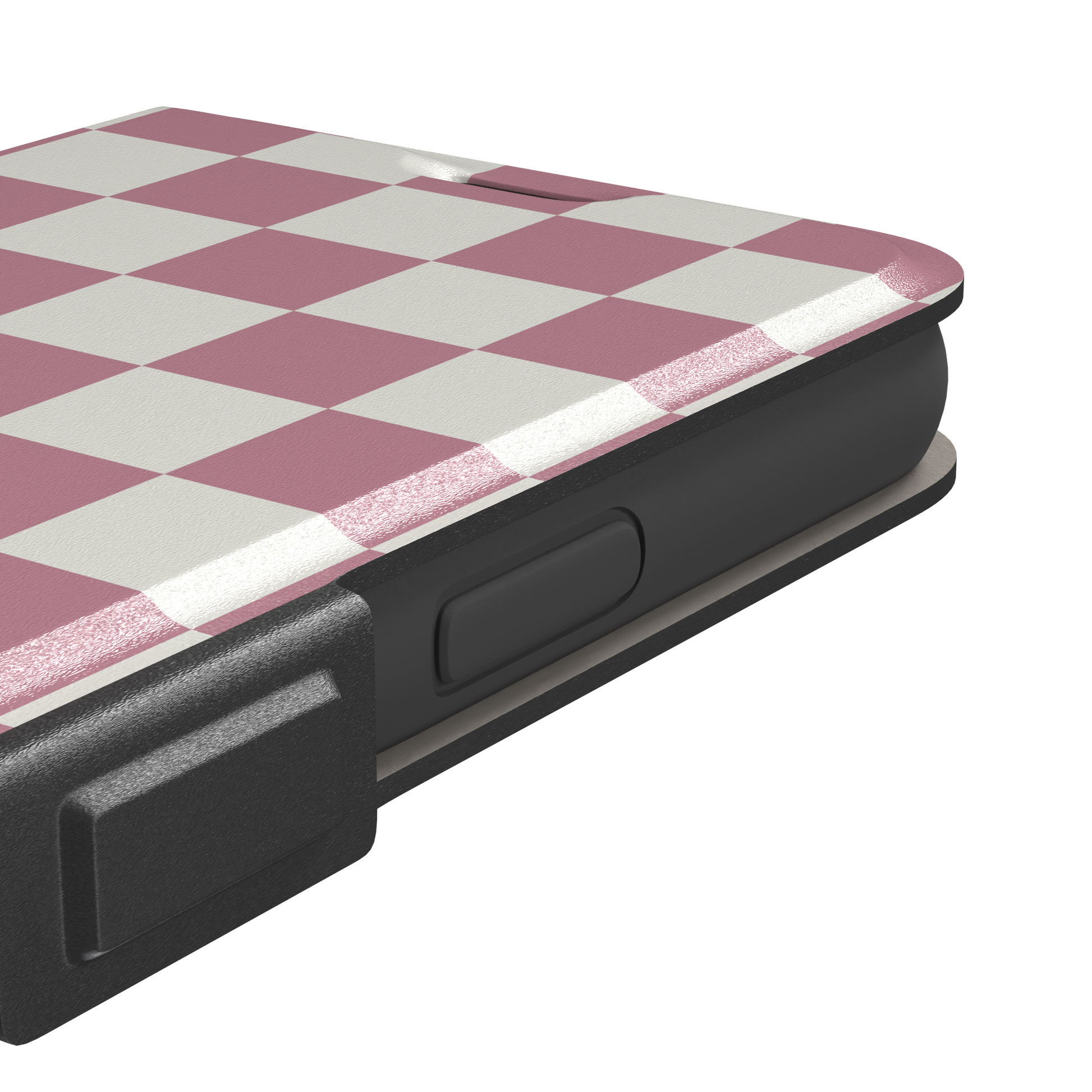 Checkered, dusty pink and cream checkerboard grid pattern, wallet case, volume buttons detail, phone case by Caselier