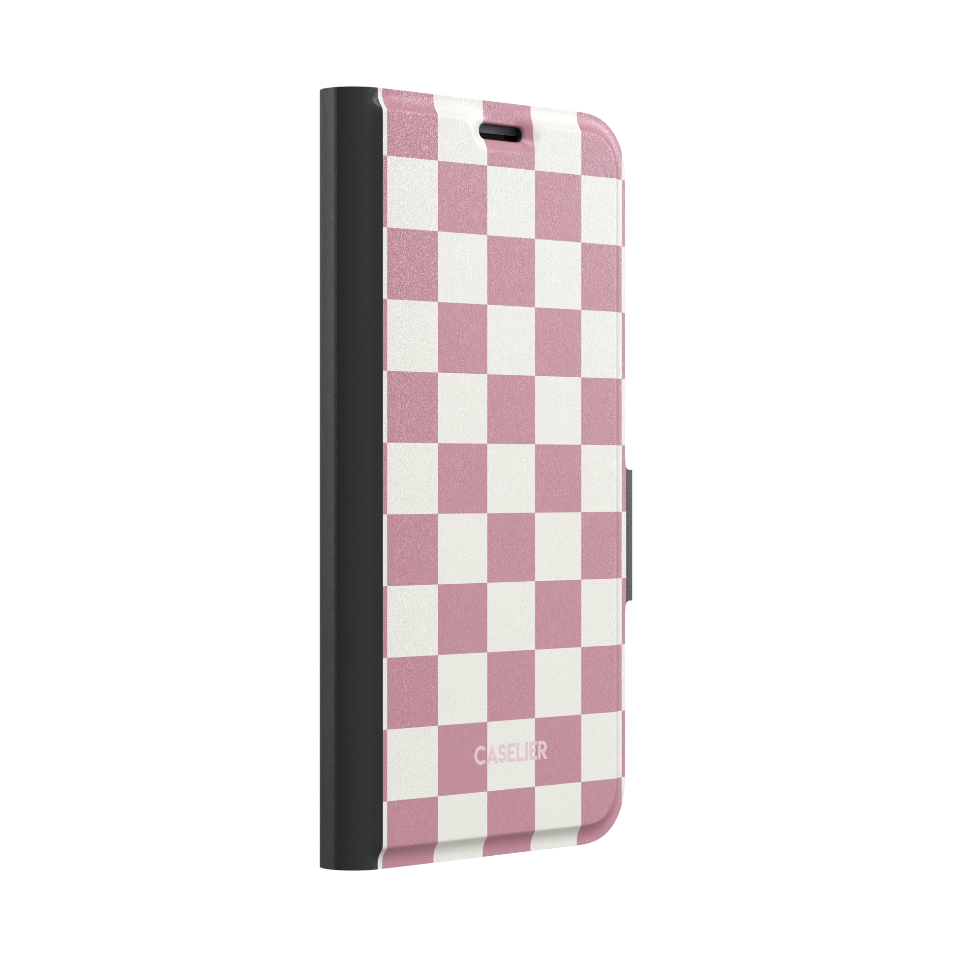 Checkered, dusty pink and cream checkerboard grid pattern, wallet case, left view, phone case by Caselier
