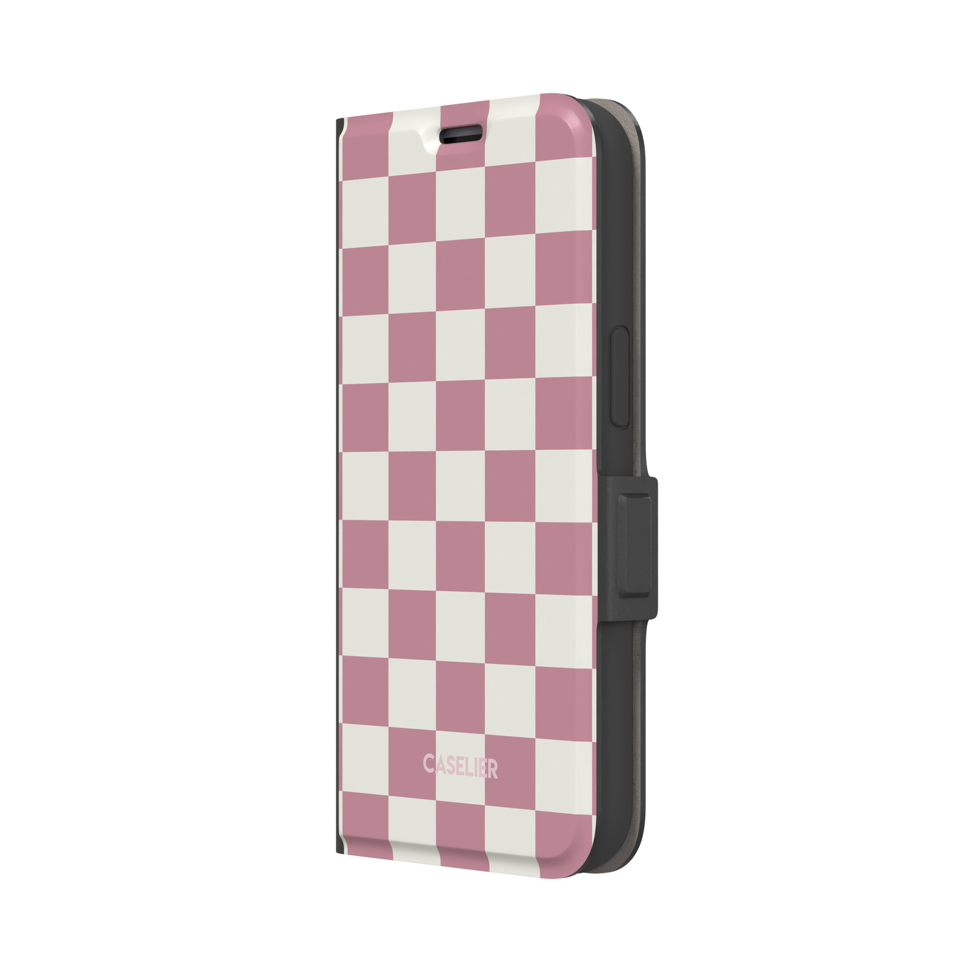 Checkered, dusty pink and cream checkerboard grid pattern, wallet case, right view, phone case by Caselier