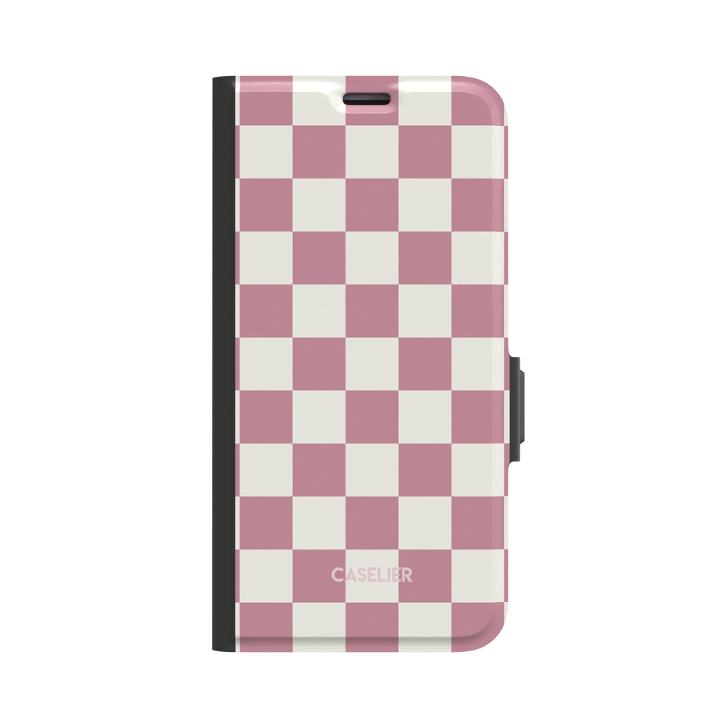 Soft pink and white checkerboard pattern phone case with pastel two-tone square grid, glossy finish, phone case by Caselier - wallet case, front view | Caselier
