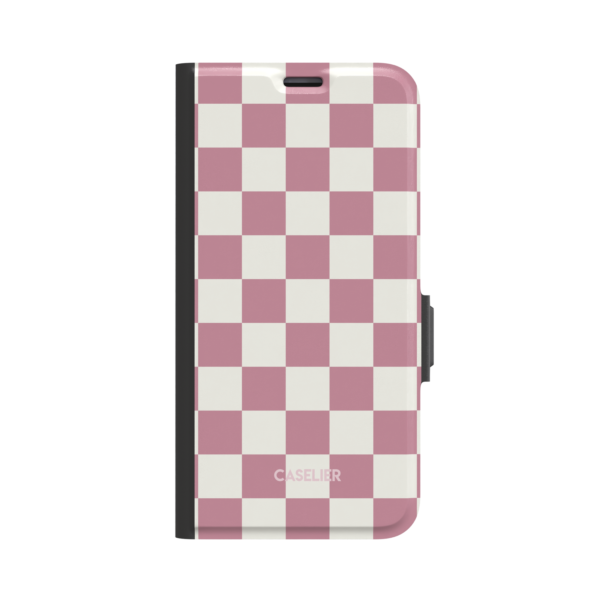 Soft pink and white checkerboard pattern phone case with pastel two-tone square grid, glossy finish, phone case by Caselier - wallet case, front view | Caselier
