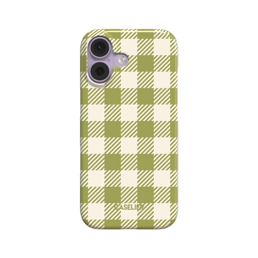 Olive green and cream large-scale checkered plaid phone case with diagonal hatching detail, front-facing product shot on white background, phone case by Caselier - snap case, front view | Caselier