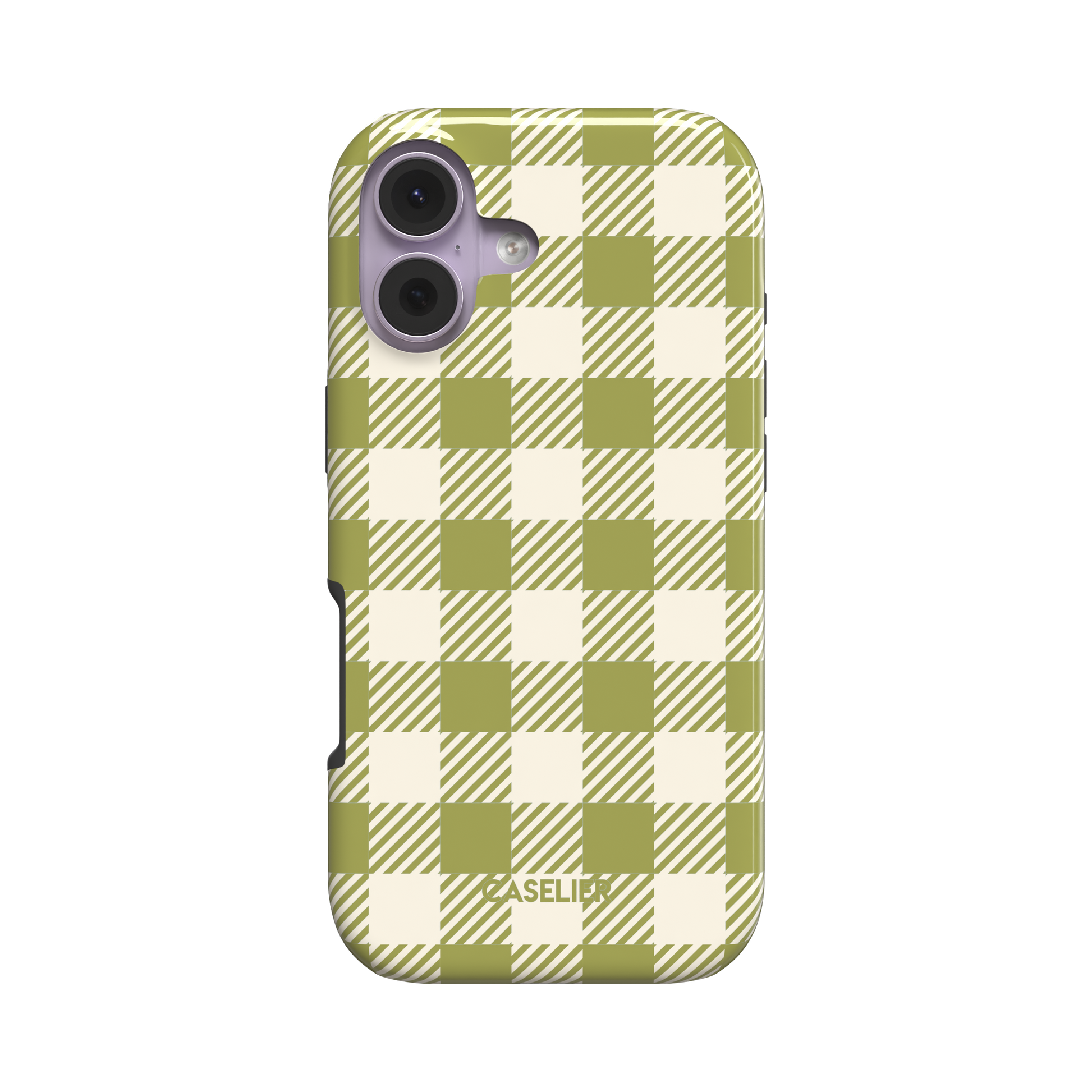 Olive green and cream gingham phone case, snap case variant showing side profile and camera cutout on white background, phone case by Caselier - tough case, front view | Caselier