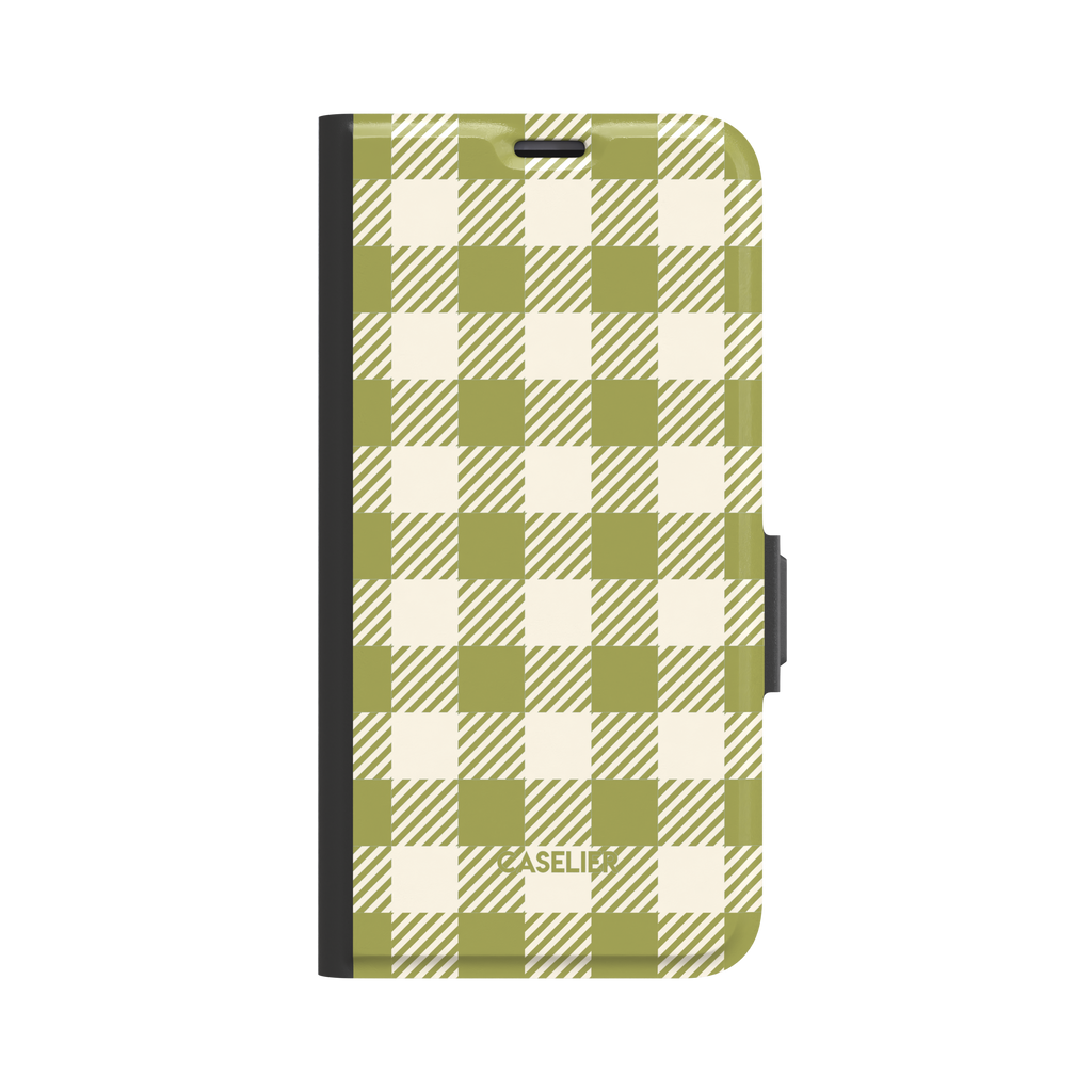 Olive green and cream gingham folio wallet case, front-facing view showing full cover with black spine and magnetic clasp on white background, phone case by Caselier - wallet case, front view | Caselier