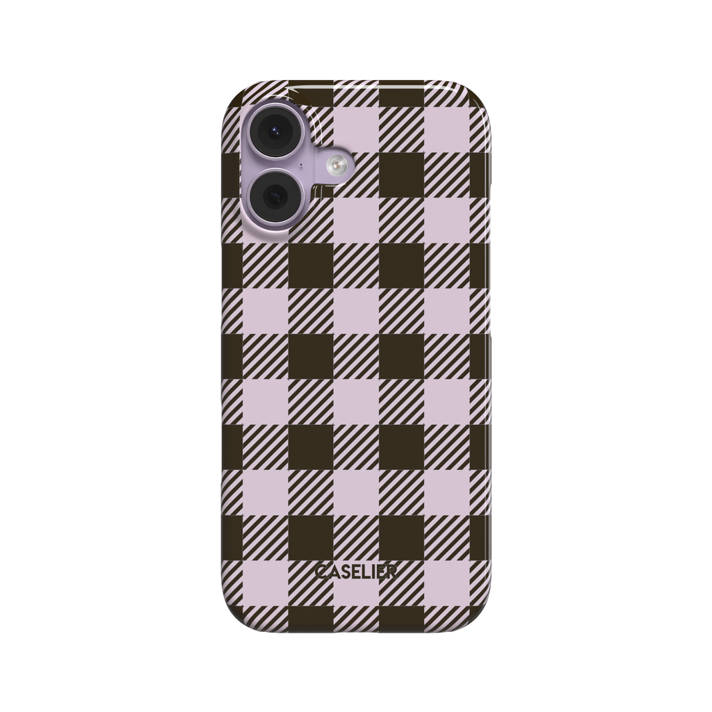 Dark brown and pale lilac large-scale gingham phone case with diagonal hatching detail, front-facing product shot on white background, phone case by Caselier - snap case, front view | Caselier