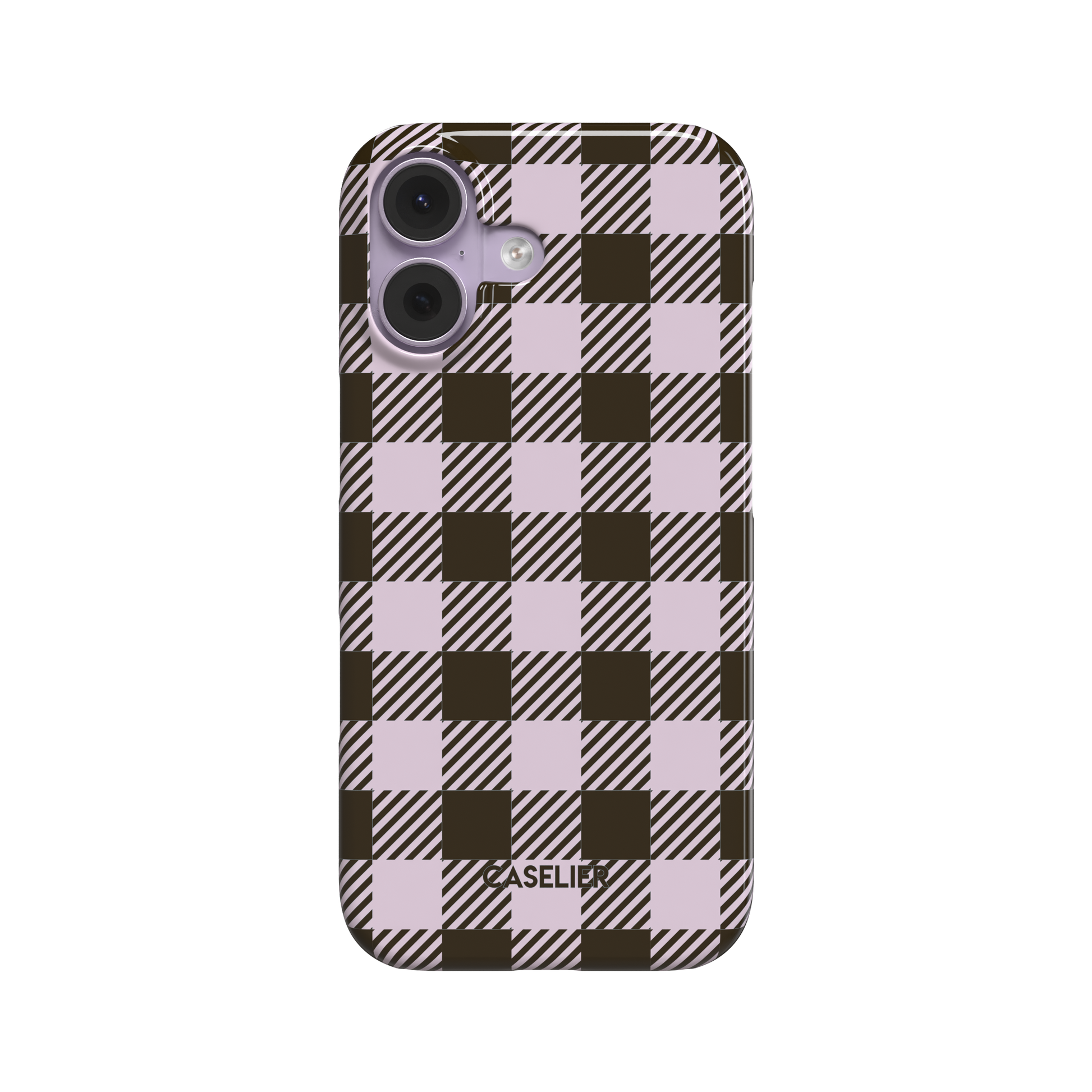 Dark brown and pale lilac large-scale gingham phone case with diagonal hatching detail, front-facing product shot on white background, phone case by Caselier - snap case, front view | Caselier