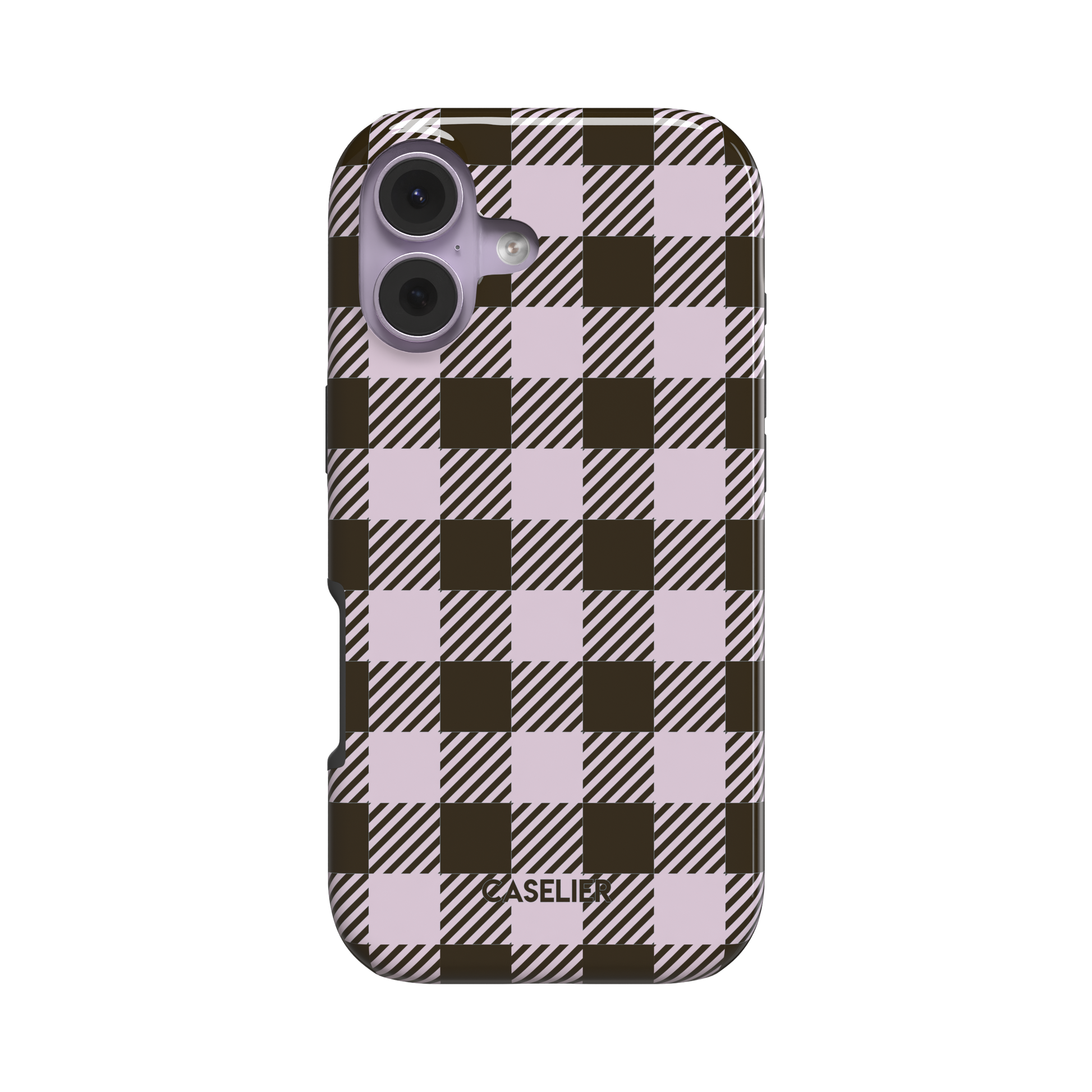 Dark brown and pale lilac gingham phone case, snap case variant showing side profile and camera cutout on white background, phone case by Caselier - tough case, front view | Caselier