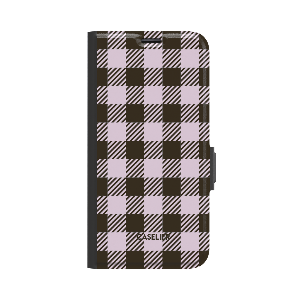 Dark brown and pale lilac gingham folio wallet case, front-facing view showing full cover with black spine and magnetic clasp on white background, phone case by Caselier - wallet case, front view | Caselier