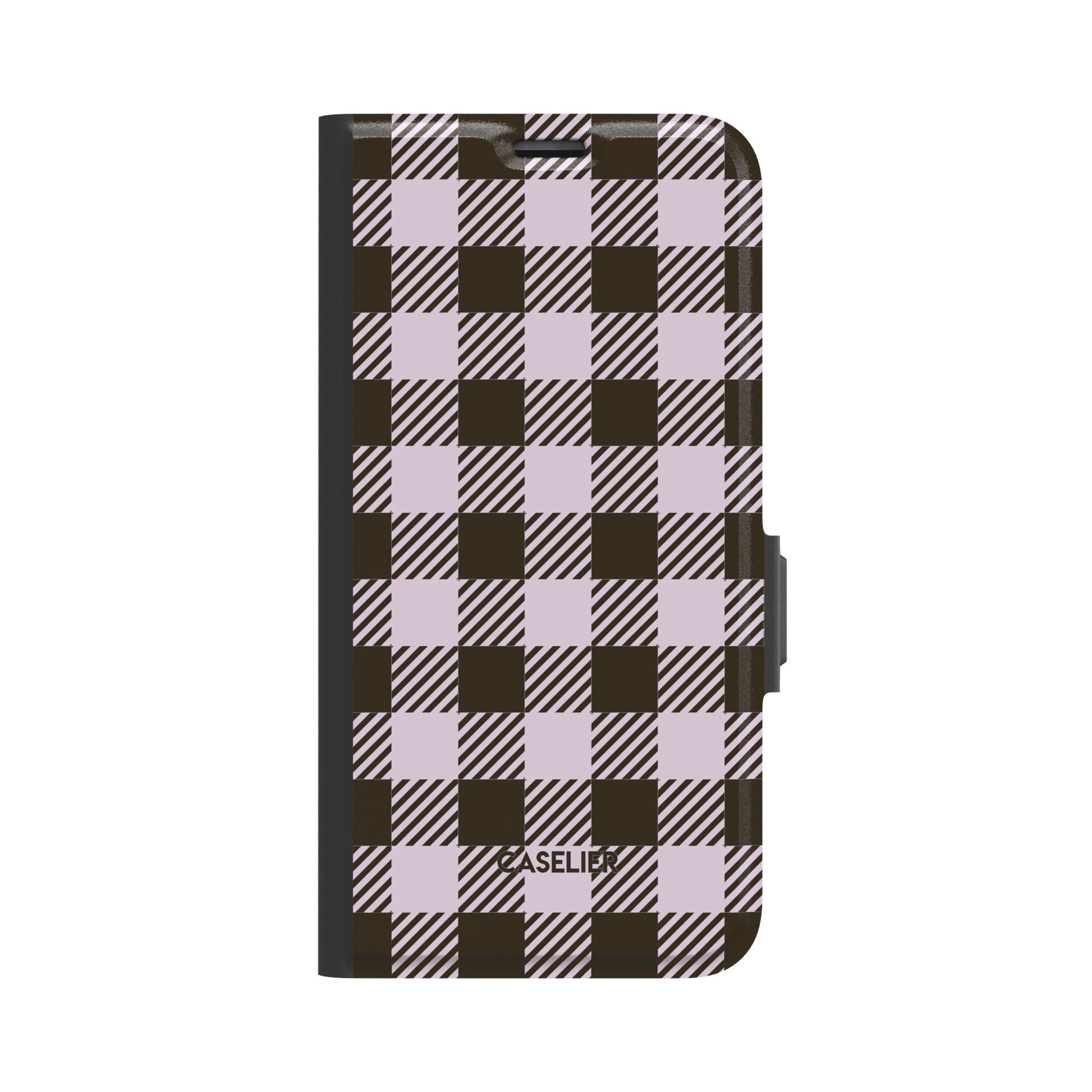 Dark brown and pale lilac gingham folio wallet case, front-facing view showing full cover with black spine and magnetic clasp on white background, phone case by Caselier - wallet case, front view | Caselier