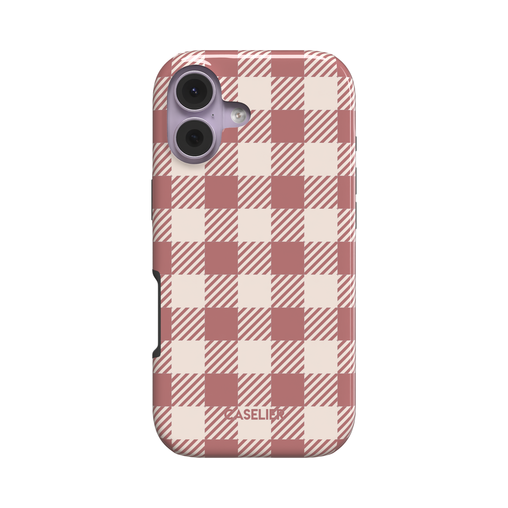 Dusty rose and cream gingham phone case, snap case variant showing side profile and camera cutout on white background, phone case by Caselier - tough case, front view | Caselier