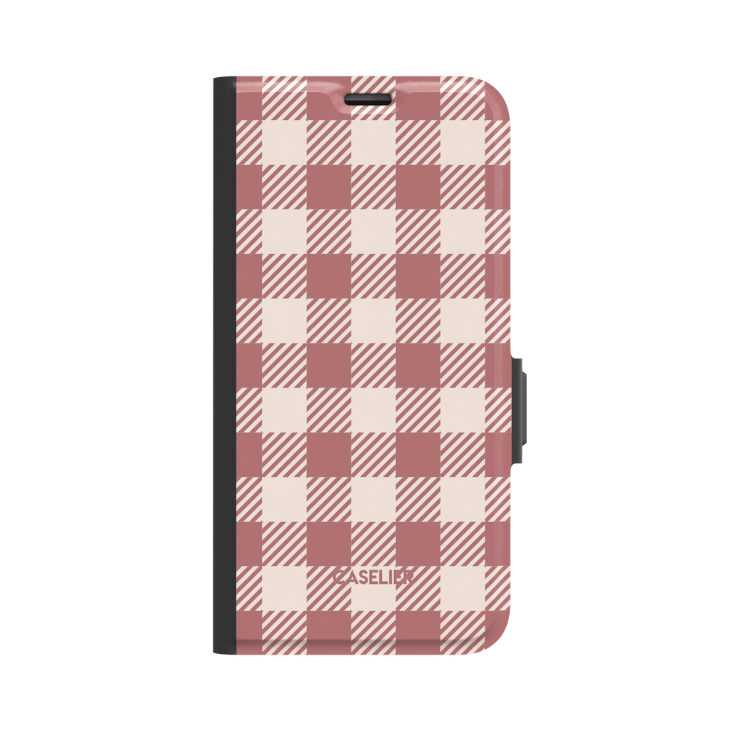 Dusty rose and cream gingham folio wallet case, front-facing view showing full cover with black spine and magnetic clasp on white background, phone case by Caselier - wallet case, front view | Caselier