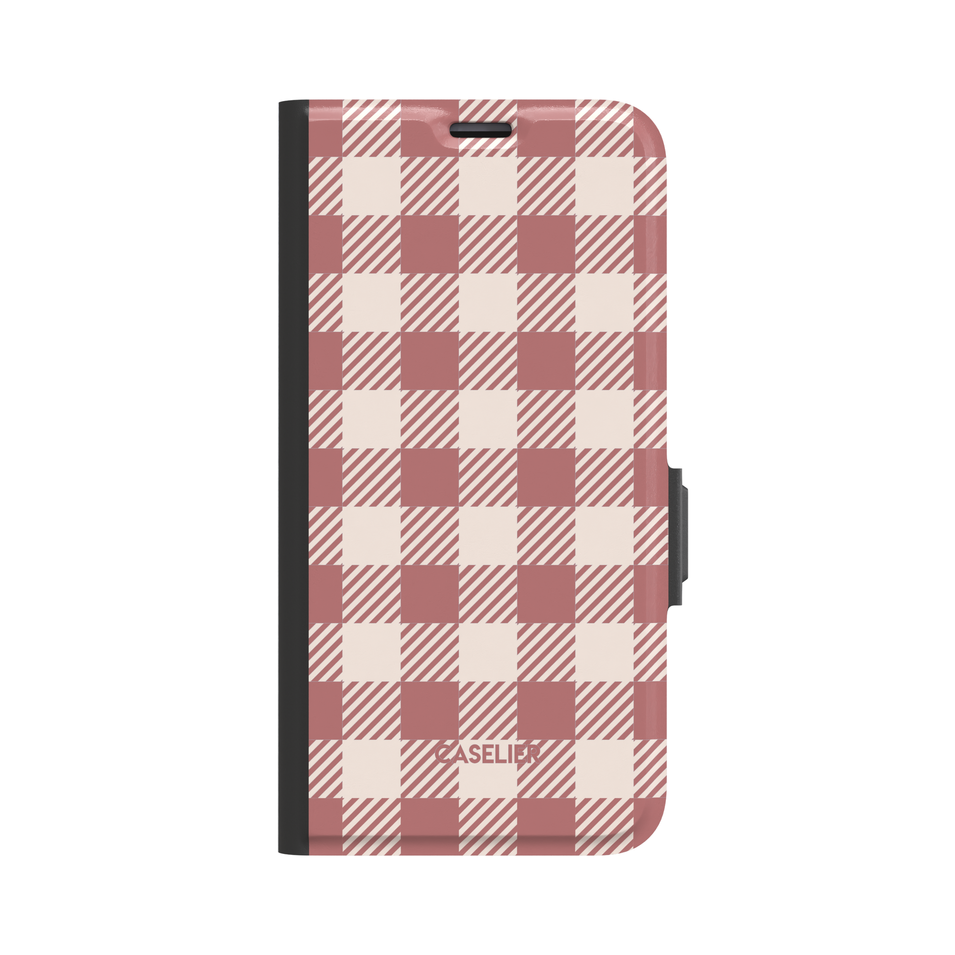 Dusty rose and cream gingham folio wallet case, front-facing view showing full cover with black spine and magnetic clasp on white background, phone case by Caselier - wallet case, front view | Caselier