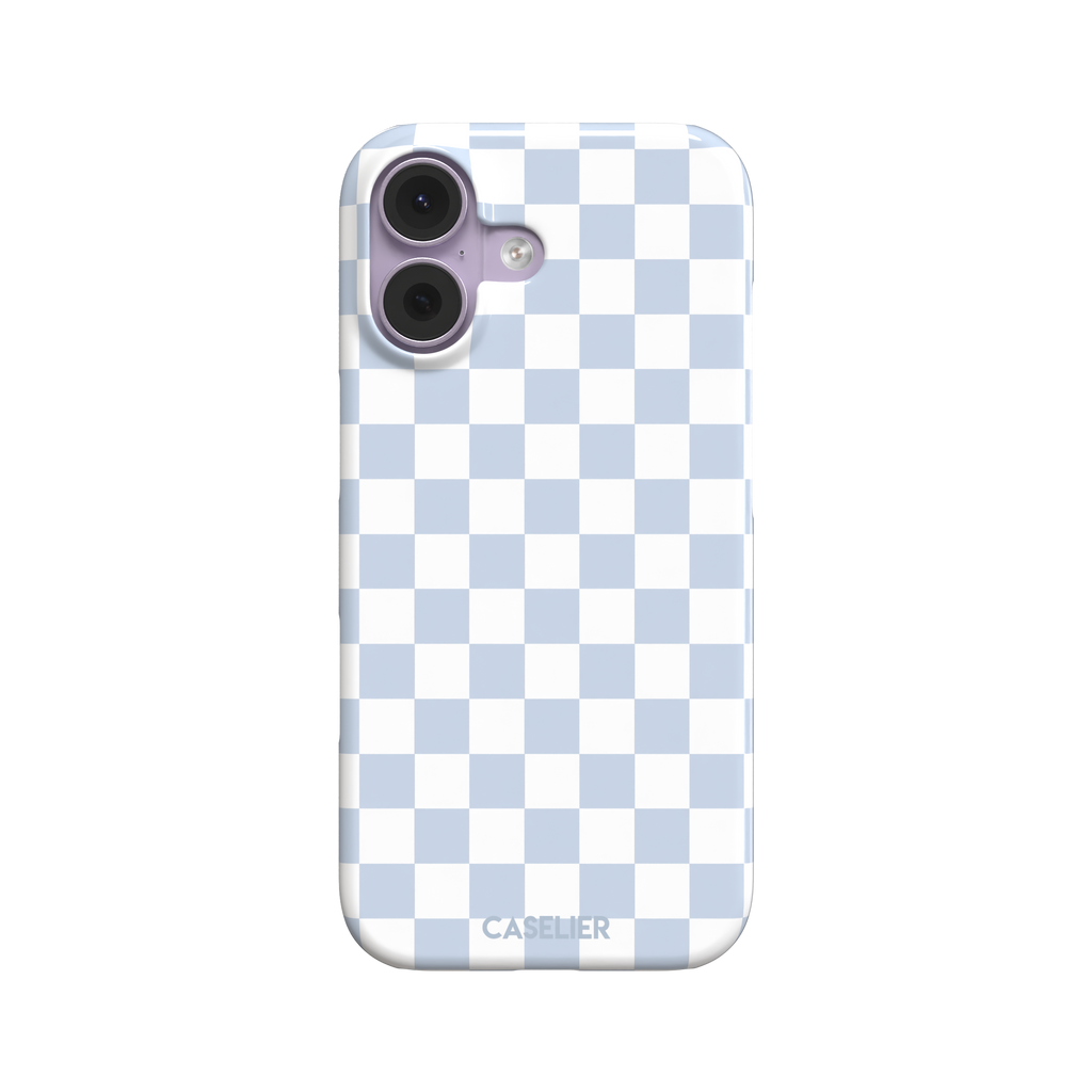 Checkered phone case in soft baby blue and white checkerboard pattern, phone case by Caselier — snap case, front view