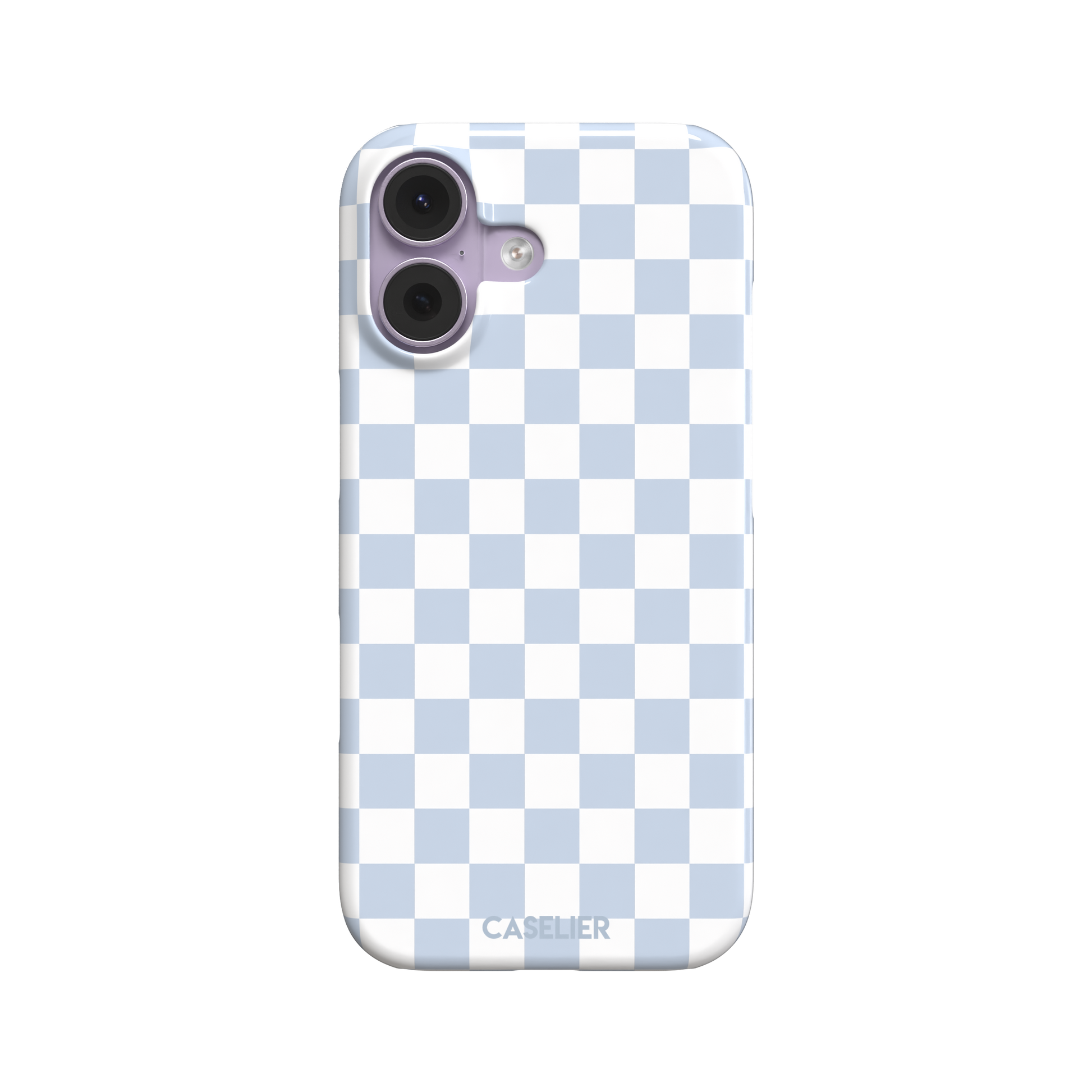 Checkered phone case in soft baby blue and white checkerboard pattern, phone case by Caselier — snap case, front view