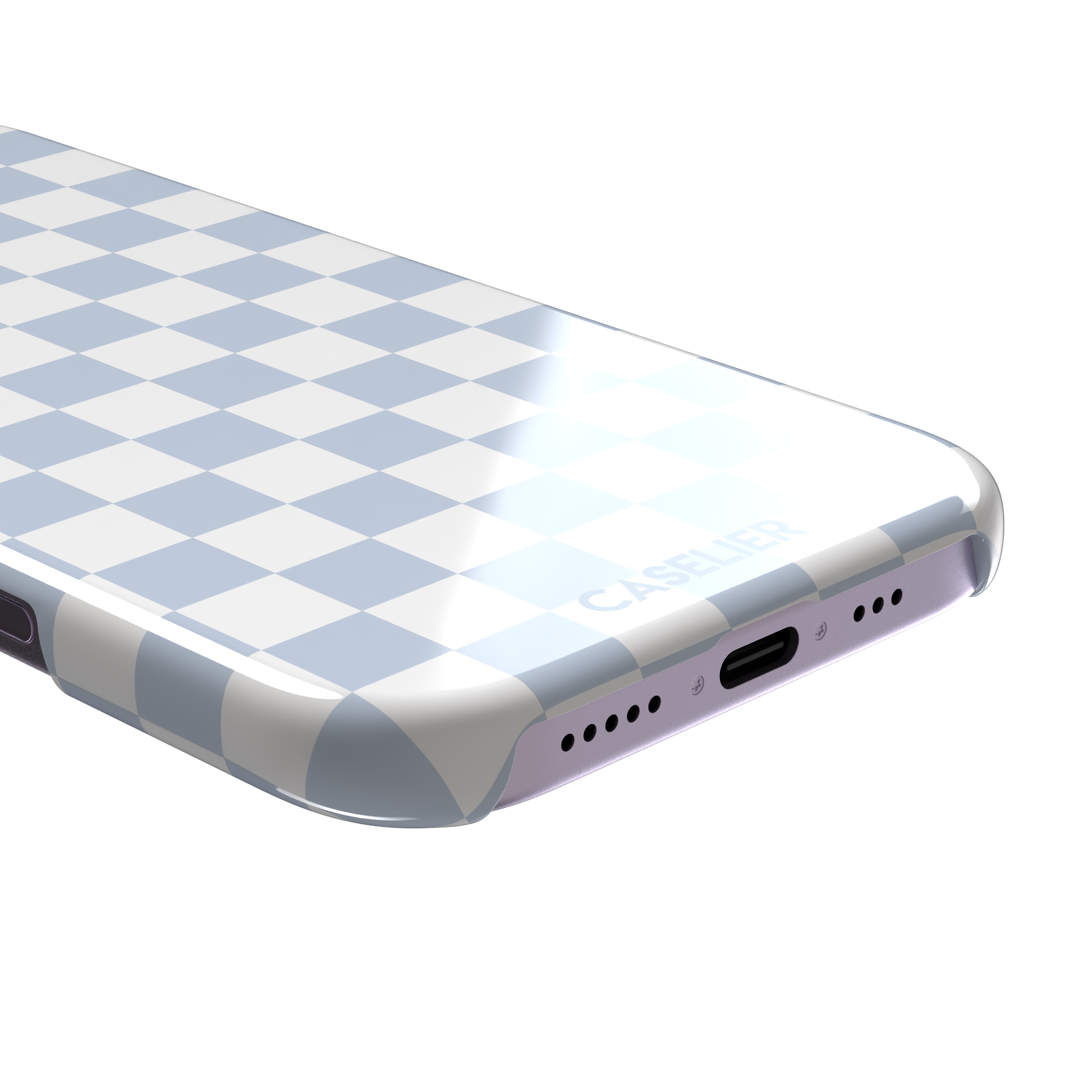 Checkered phone case in soft baby blue and white checkerboard pattern, phone case by Caselier — snap case, charging port detail