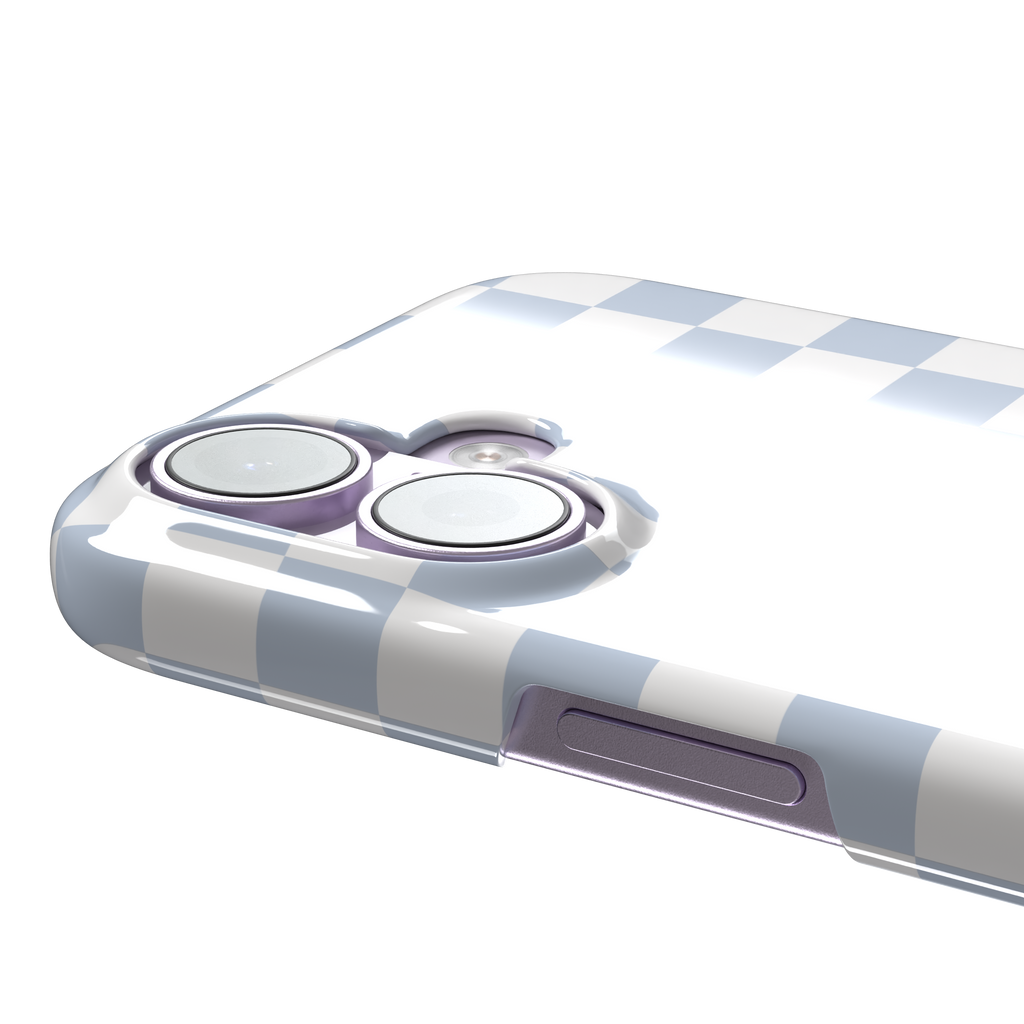 Checkered phone case in soft baby blue and white checkerboard pattern, phone case by Caselier — snap case, volume buttons detail