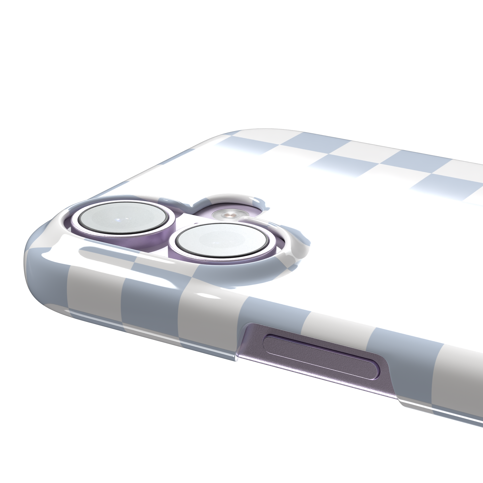 Checkered phone case in soft baby blue and white checkerboard pattern, phone case by Caselier — snap case, volume buttons detail