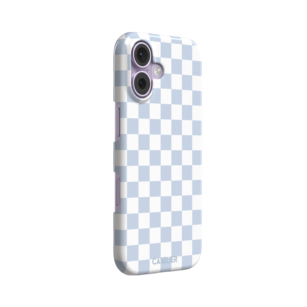Checkered phone case in soft baby blue and white checkerboard pattern, phone case by Caselier — snap case, left view