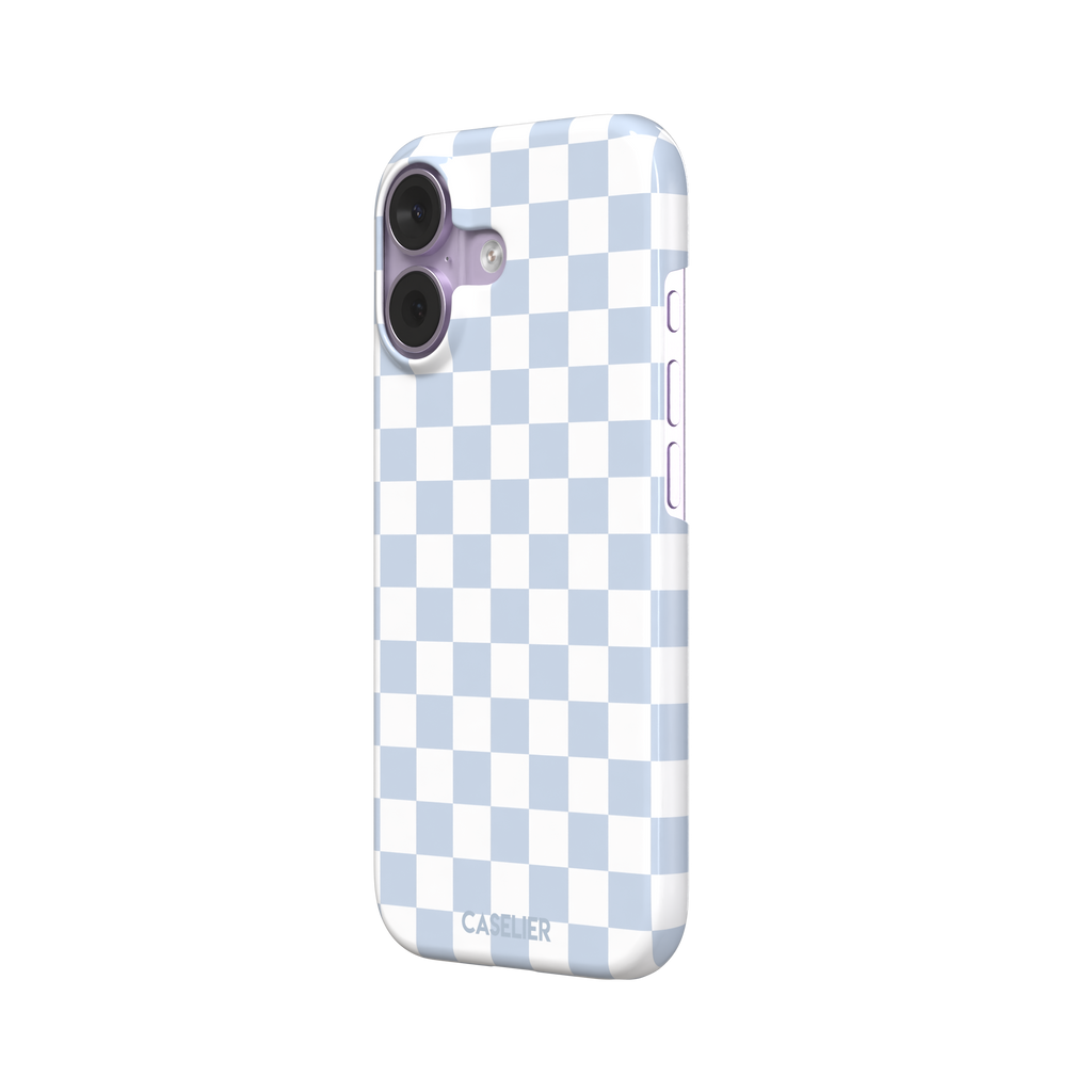Checkered phone case in soft baby blue and white checkerboard pattern, phone case by Caselier — snap case, right view