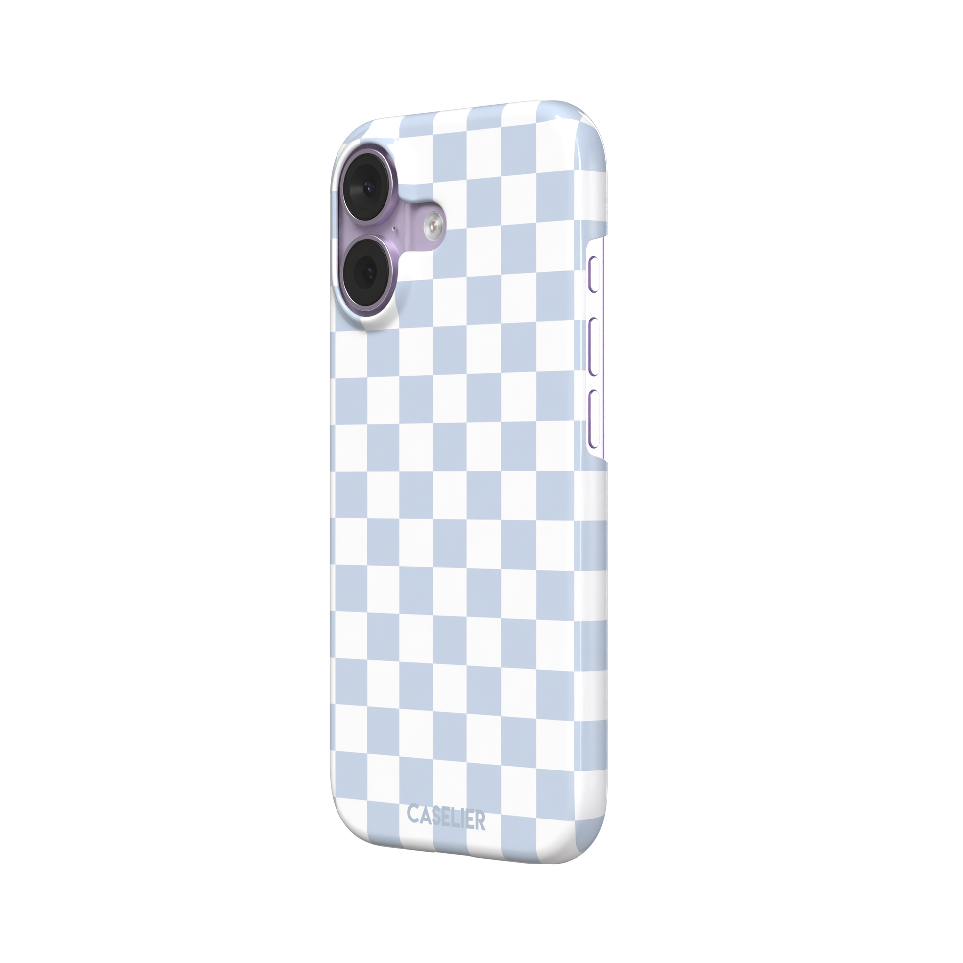 Checkered phone case in soft baby blue and white checkerboard pattern, phone case by Caselier — snap case, right view