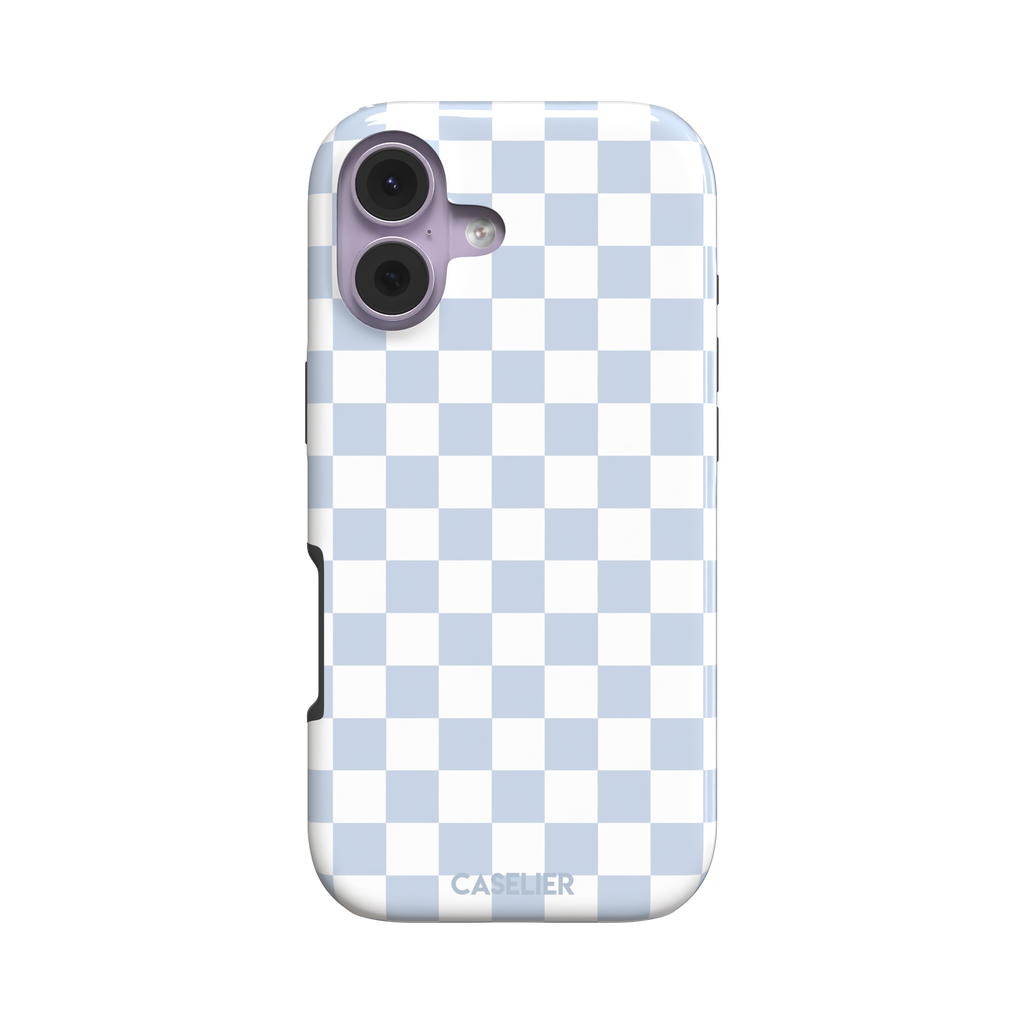 Checkered phone case in soft baby blue and white checkerboard pattern, phone case by Caselier — tough case, front view