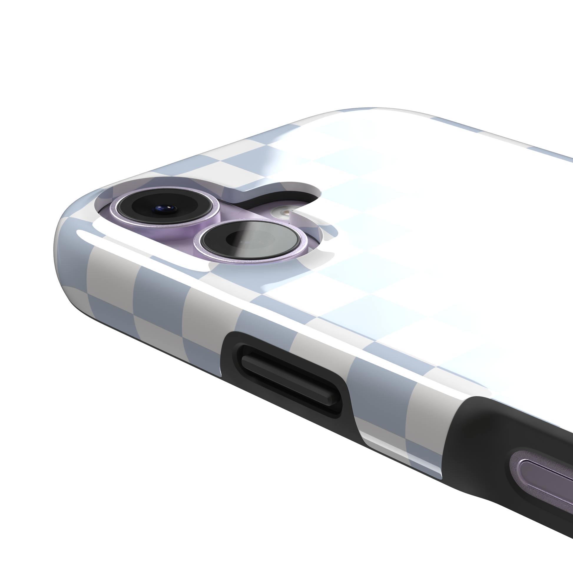 Checkered phone case in soft baby blue and white checkerboard pattern, phone case by Caselier — tough case, volume buttons detail