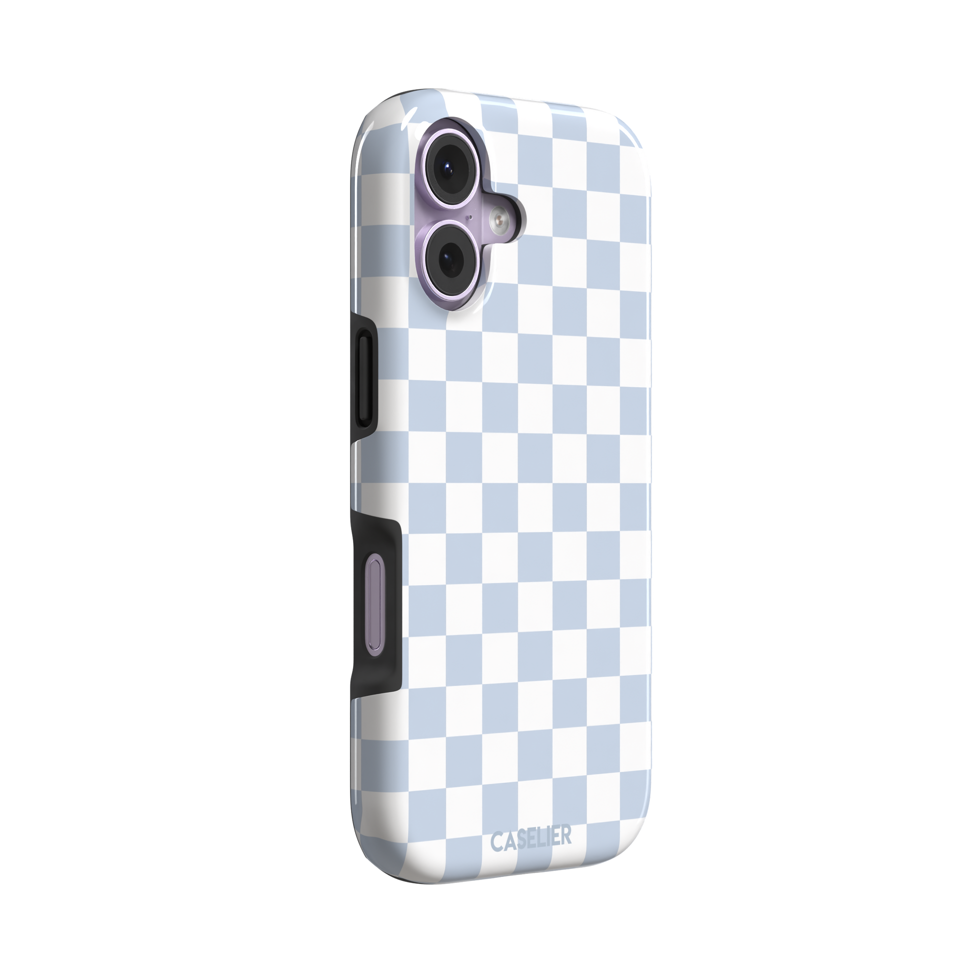 Checkered phone case in soft baby blue and white checkerboard pattern, phone case by Caselier — tough case, left view
