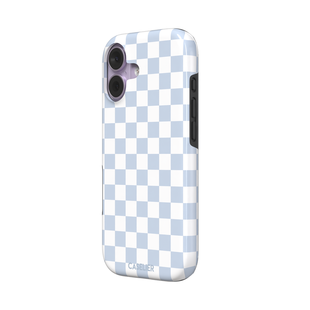 Checkered phone case in soft baby blue and white checkerboard pattern, phone case by Caselier — tough case, right view