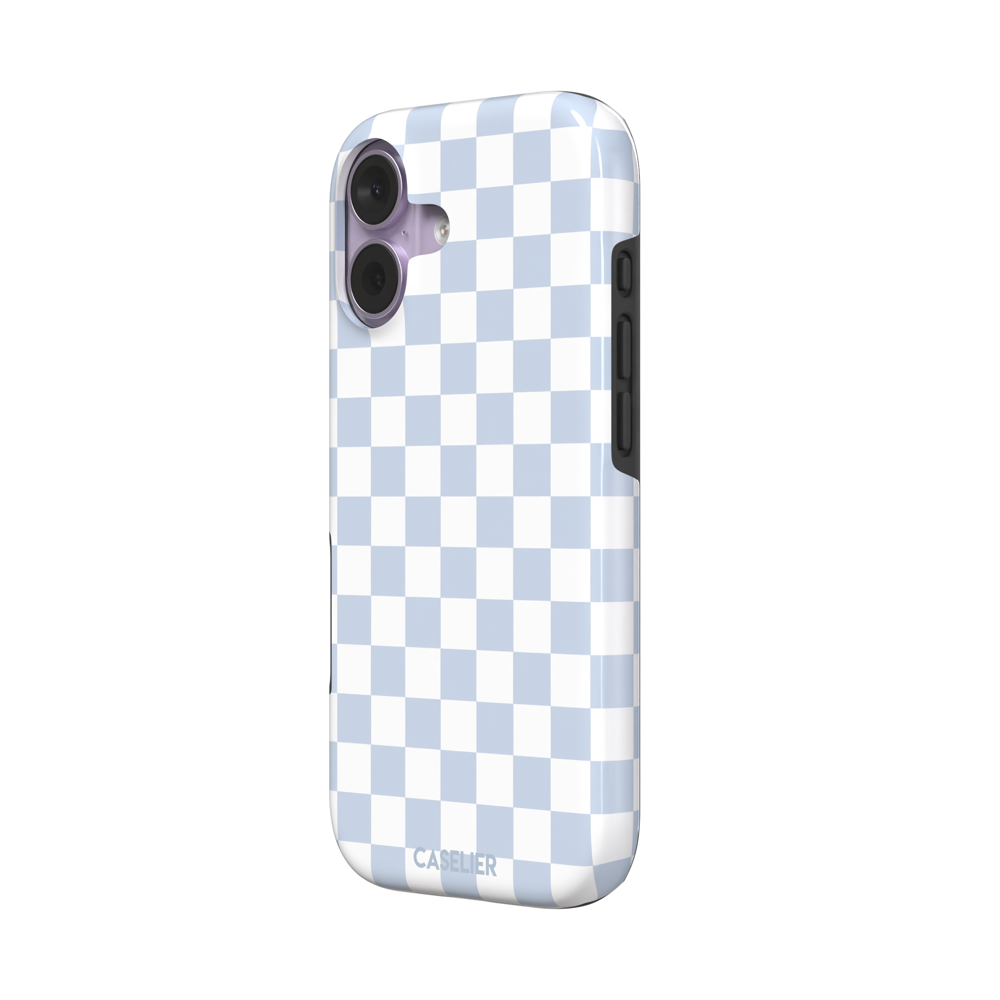 Checkered phone case in soft baby blue and white checkerboard pattern, phone case by Caselier — tough case, right view