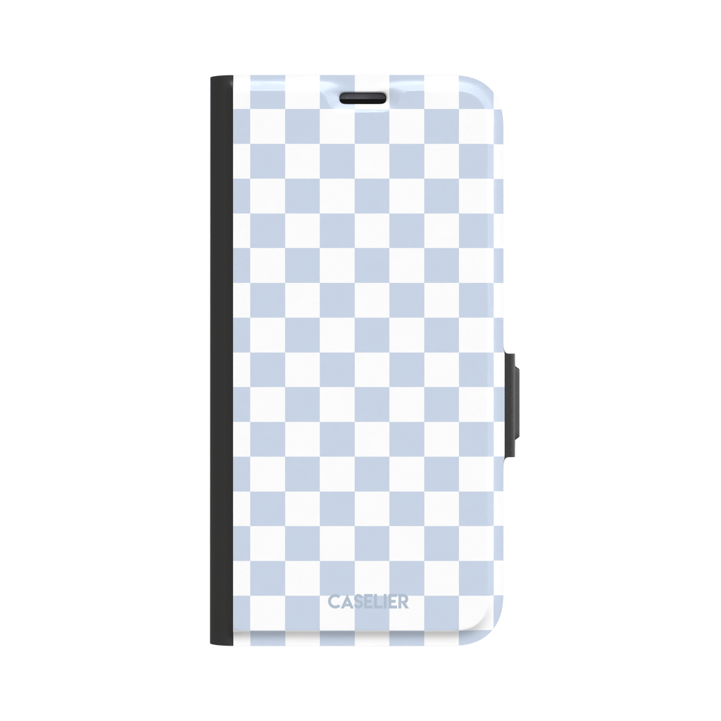 Checkered phone case in soft baby blue and white checkerboard pattern, phone case by Caselier — wallet case, front view