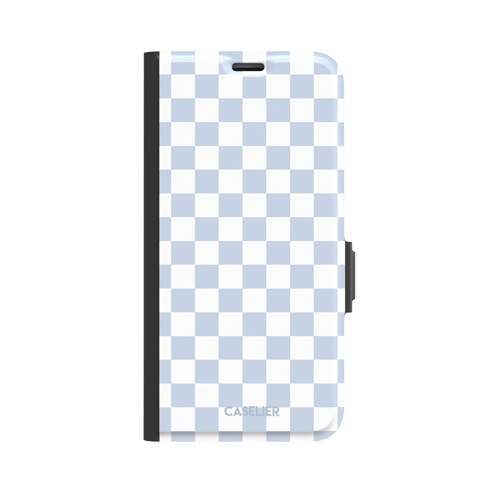 Checkered phone case in soft baby blue and white checkerboard pattern, phone case by Caselier — wallet case, front view
