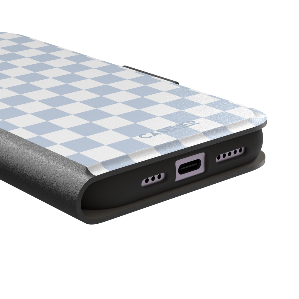 Checkered phone case in soft baby blue and white checkerboard pattern, phone case by Caselier — wallet case, charging port detail