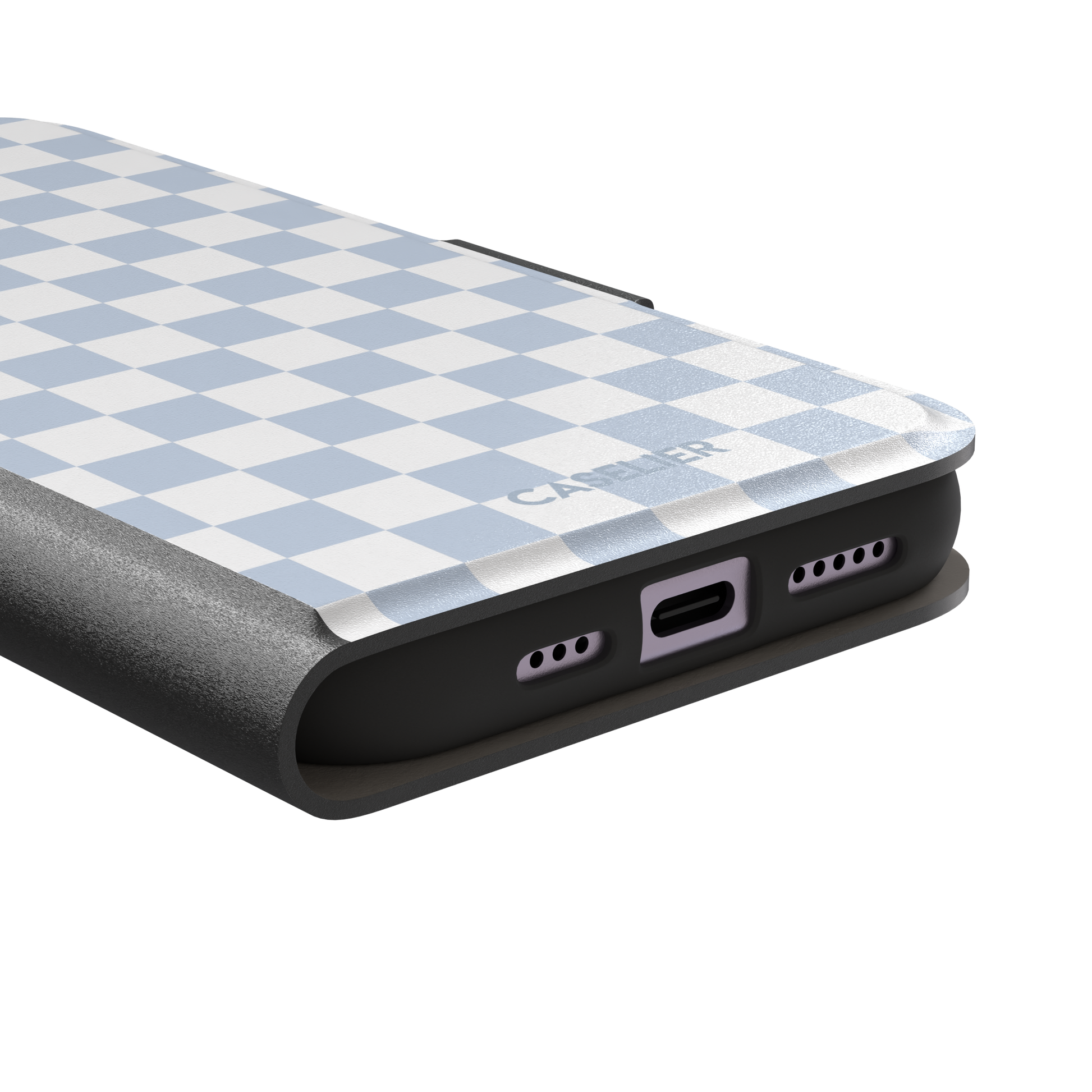 Checkered phone case in soft baby blue and white checkerboard pattern, phone case by Caselier — wallet case, charging port detail
