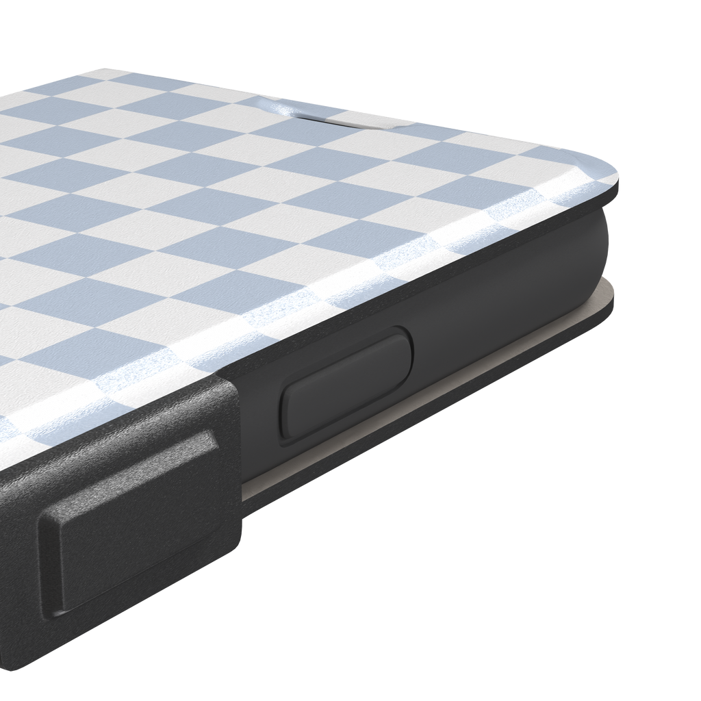 Checkered phone case in soft baby blue and white checkerboard pattern, phone case by Caselier — wallet case, volume buttons detail