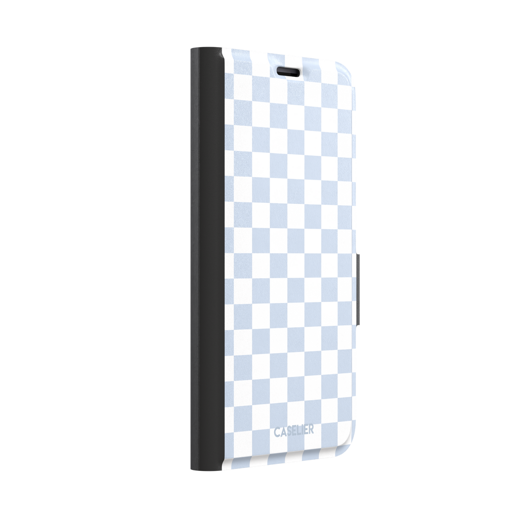 Checkered phone case in soft baby blue and white checkerboard pattern, phone case by Caselier — wallet case, left view