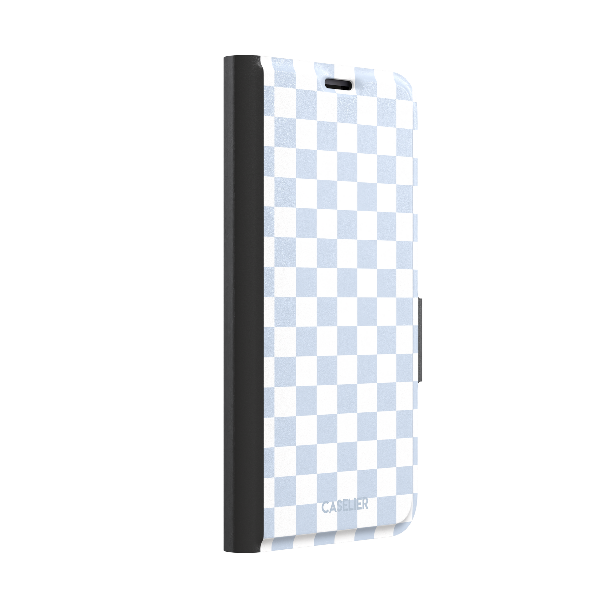 Checkered phone case in soft baby blue and white checkerboard pattern, phone case by Caselier — wallet case, left view