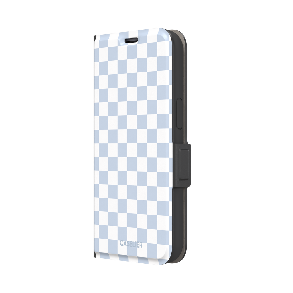 Checkered phone case in soft baby blue and white checkerboard pattern, phone case by Caselier — wallet case, right view